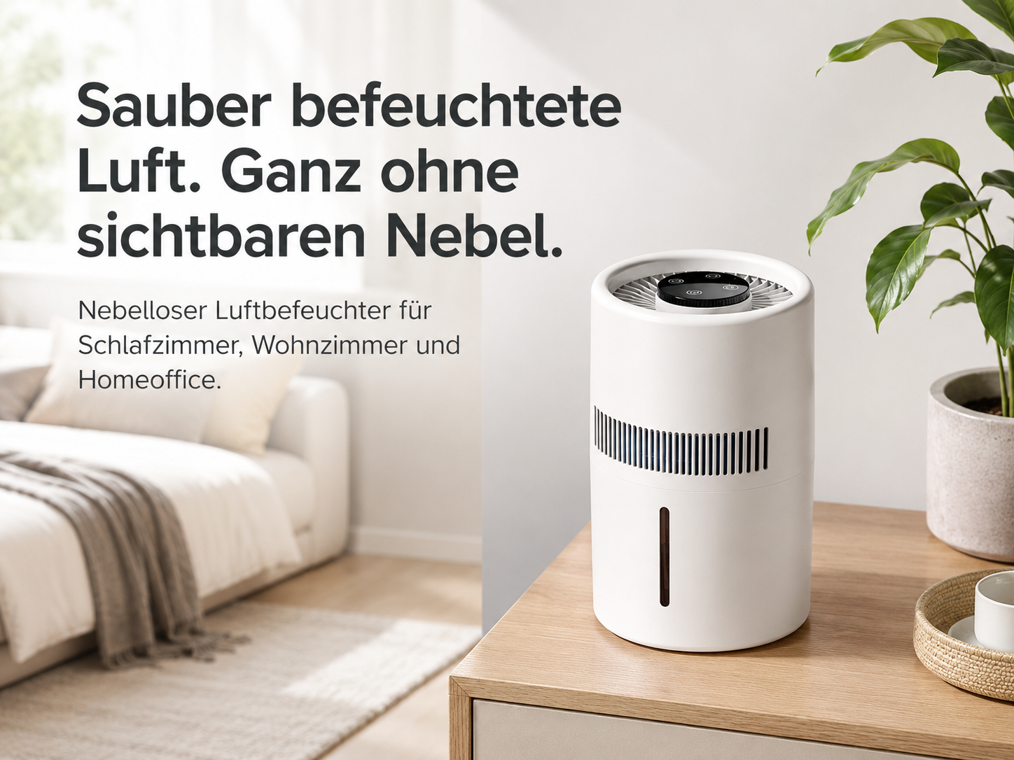 Ein weißer Luftbefeuchter steht auf einem Holztisch neben einer Pflanze.
