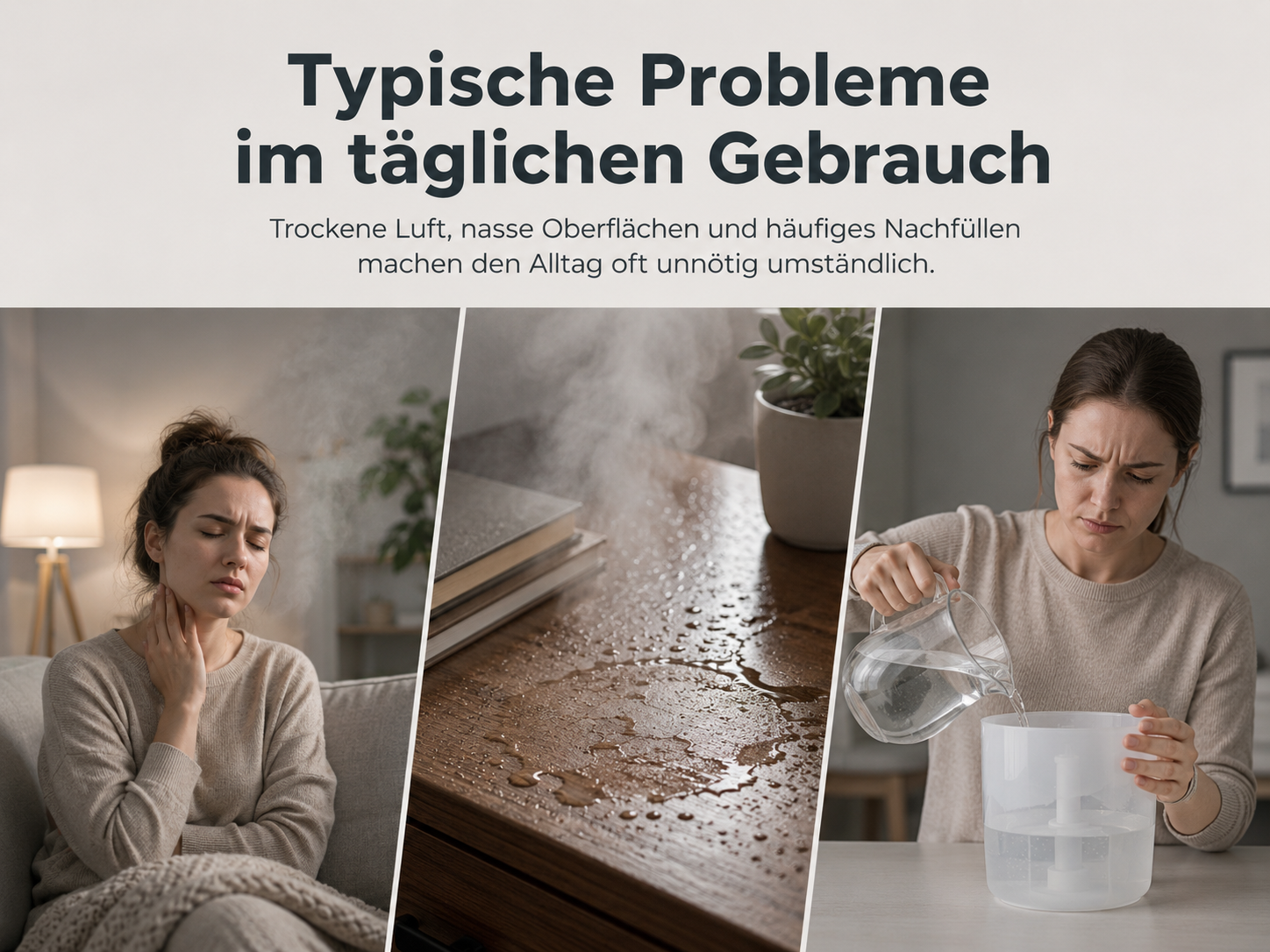 Frau mit Halsschmerzen, nassem Tisch, Frau füllt Luftbefeuchter auf.