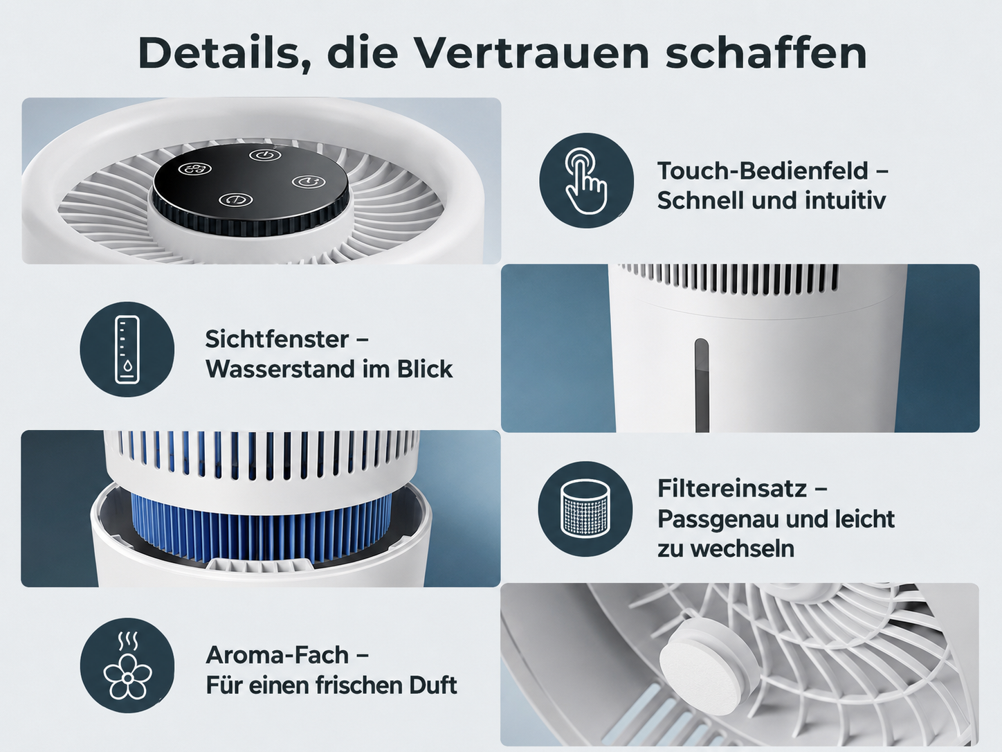 Übersicht eines Luftreinigers mit Details wie Touch-Bedienfeld, Sichtfenster, Aroma-Fach und Filter.