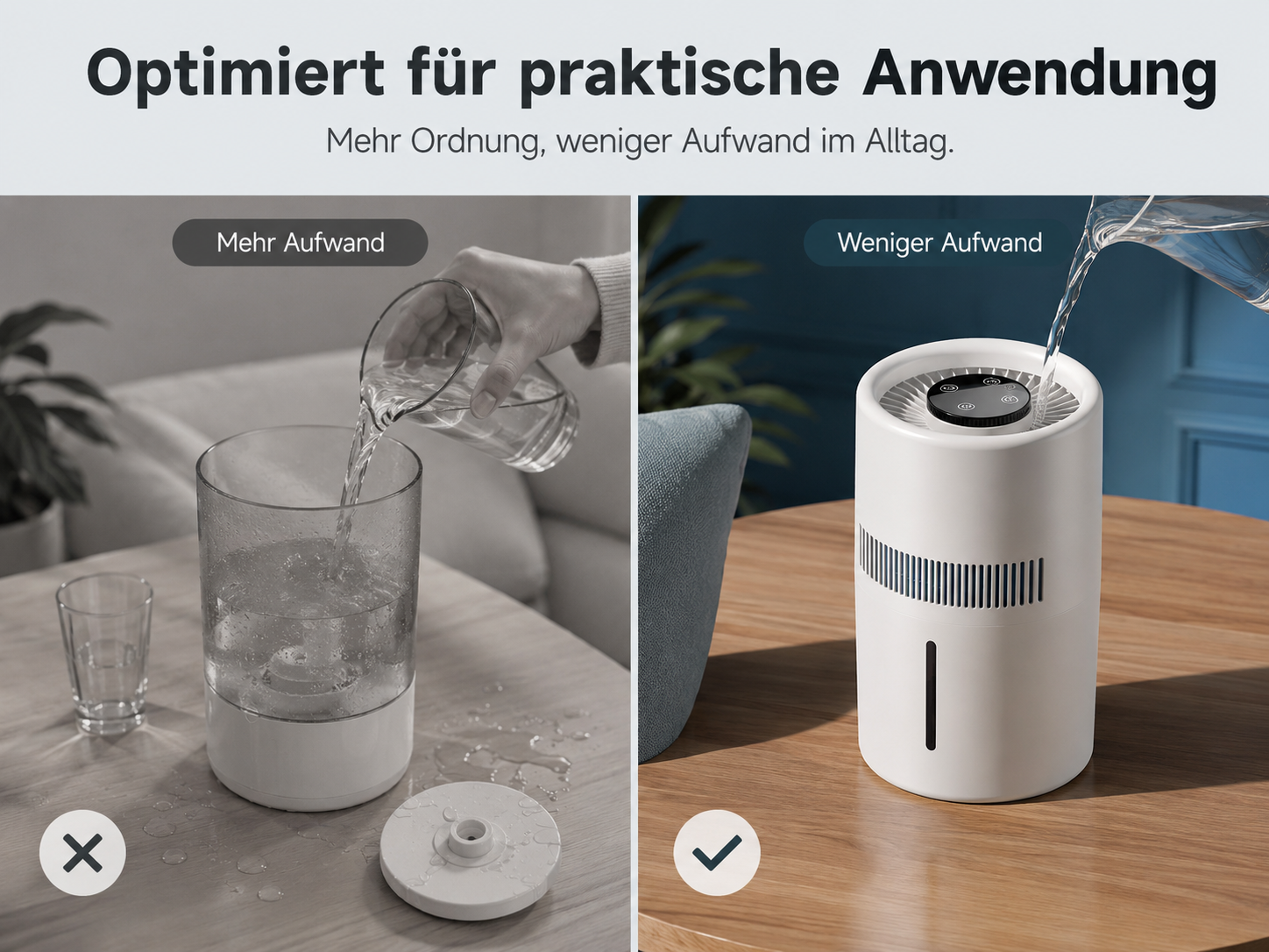 Vergleich von zwei Methoden zum Nachfüllen eines Geräts: Links mehr Aufwand, rechts weniger Aufwand.