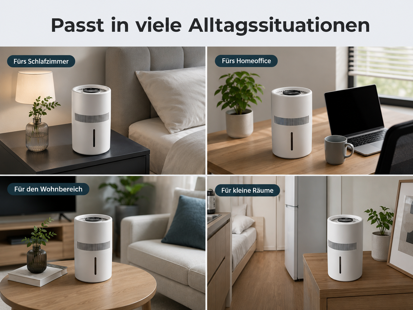 Ein weißer Luftreiniger wird in verschiedenen Räumen gezeigt: Schlafzimmer, Homeoffice, Wohnbereich, kleine Räume.