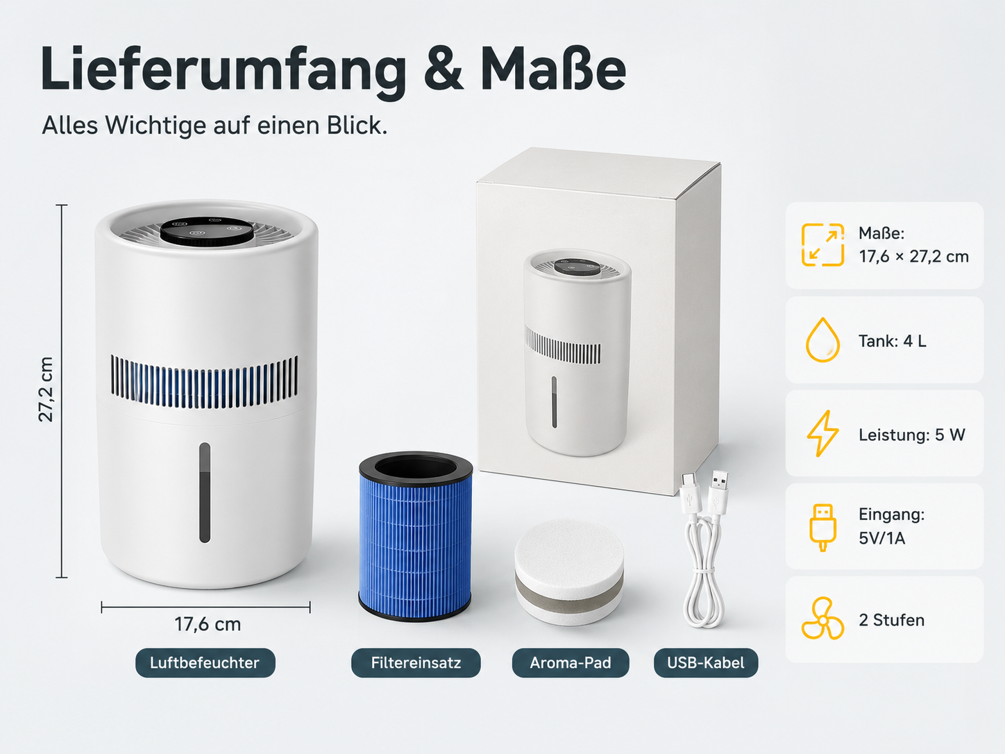 Luftbefeuchter mit Zubehör: Filter, Aroma-Pad, USB-Kabel, Maße und Daten.