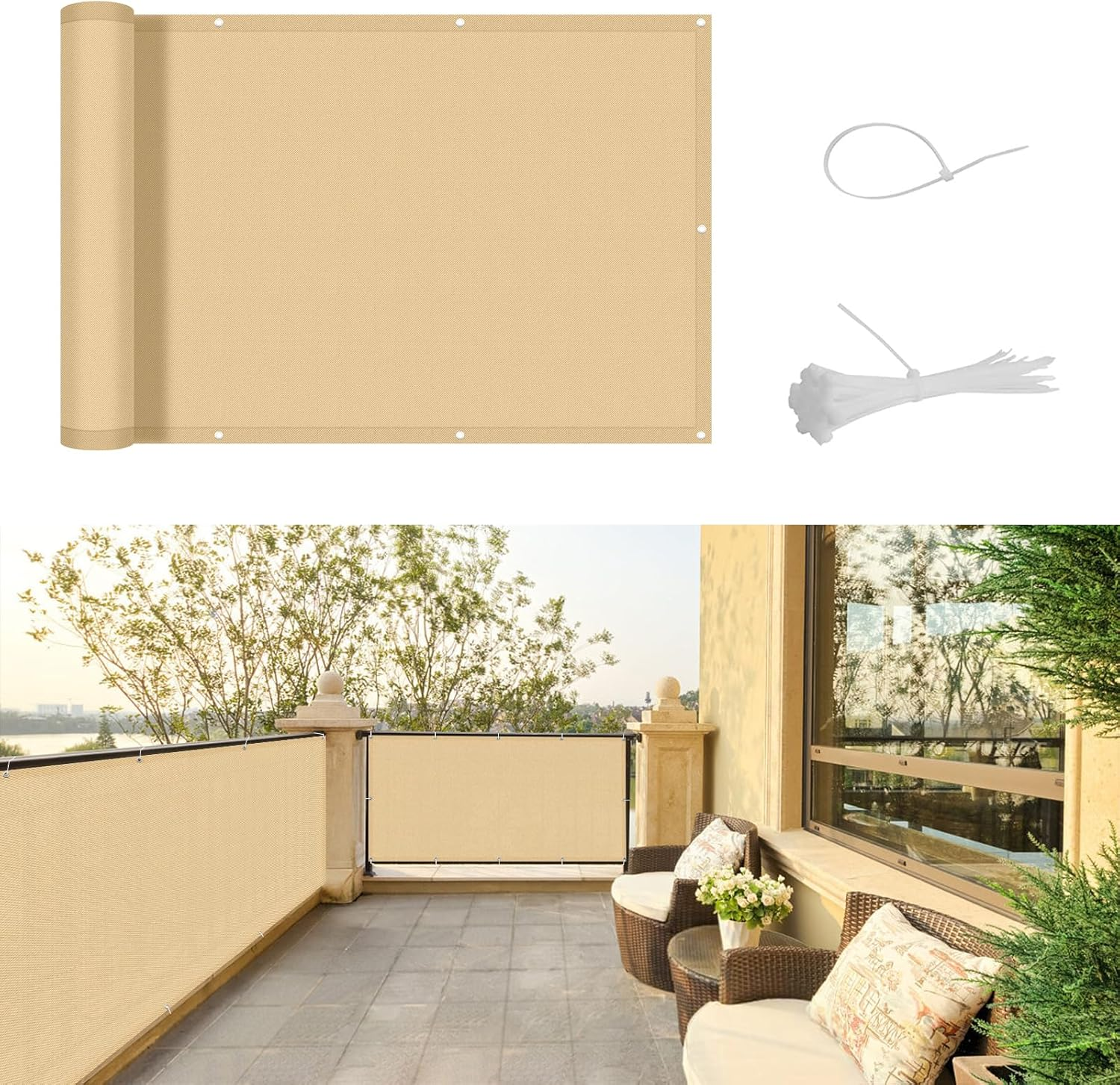Ein beige Sichtschutzrollo und Kabelbinder, auf einer Terrasse mit Möbeln.