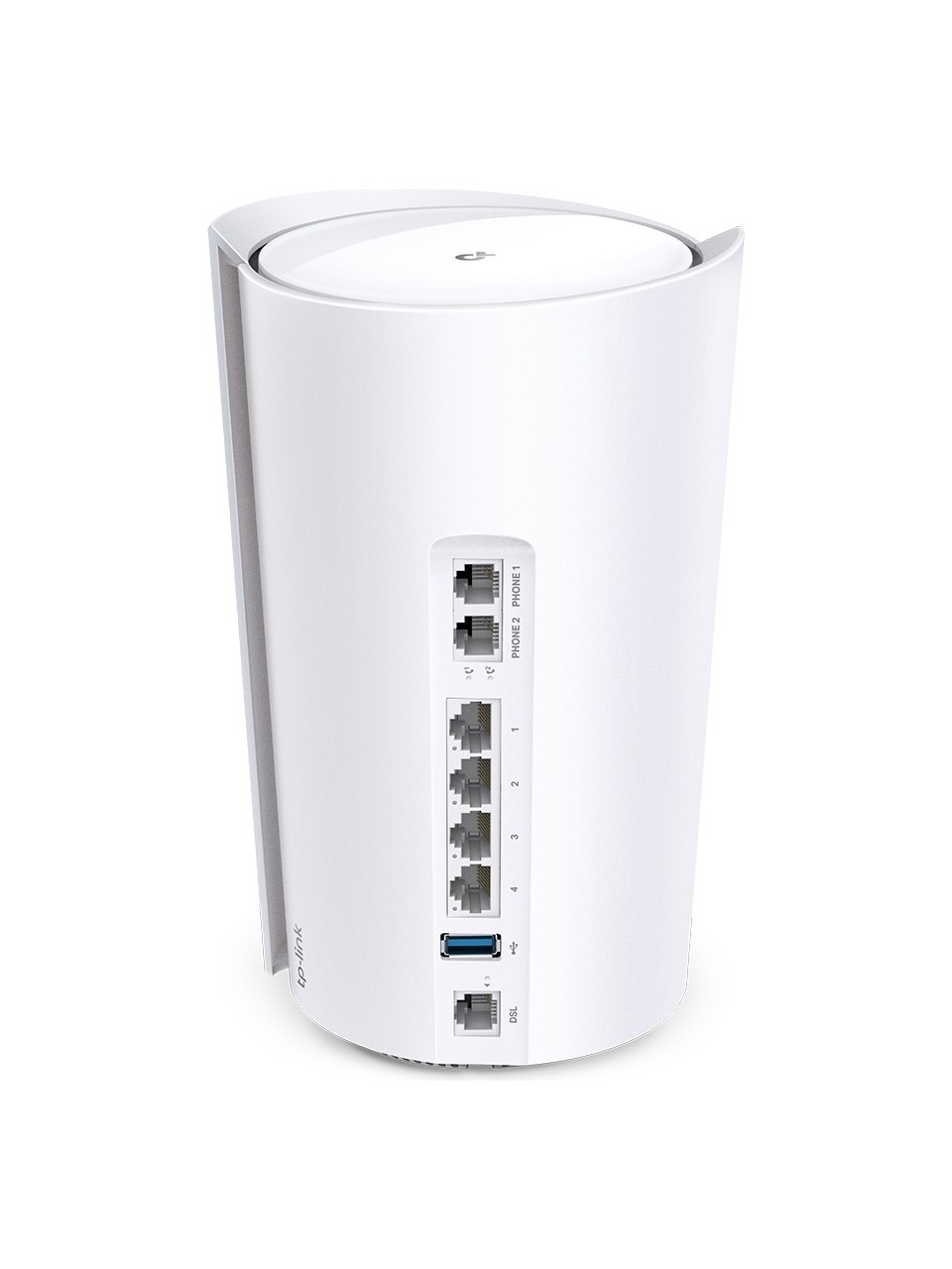 Ethernet, Telefon ve DSL bağlantı noktalarına sahip beyaz bir TP-Link yönlendirici.