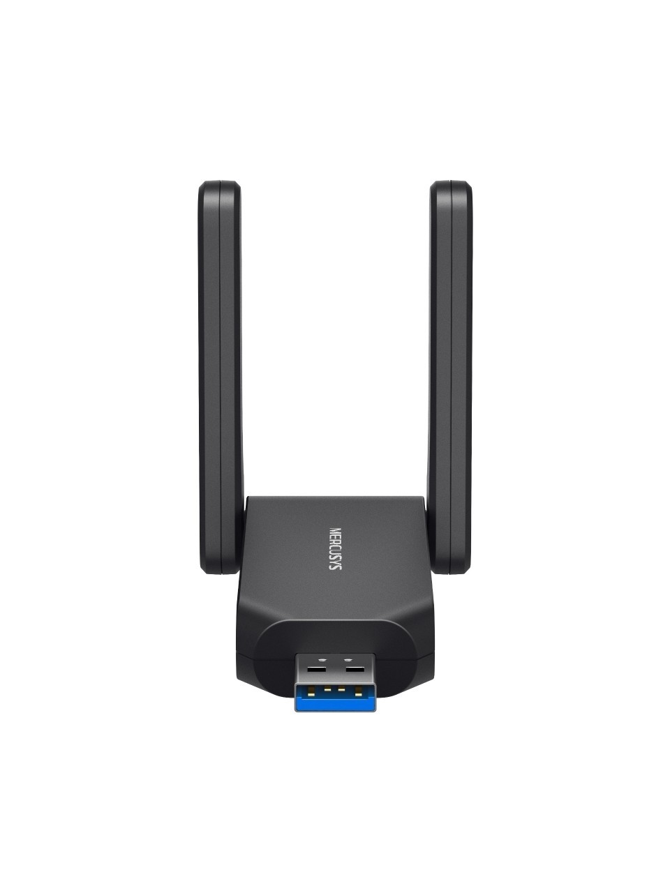 İki antenli ve mavi USB bağlantı noktalı siyah USB Wi-Fi adaptörü.