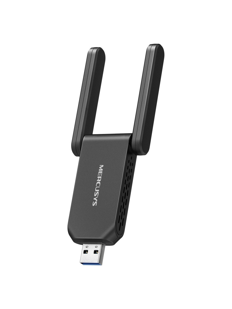 İki antenli siyah USB Wi-Fi adaptörü. MERCUSYS yazılı.