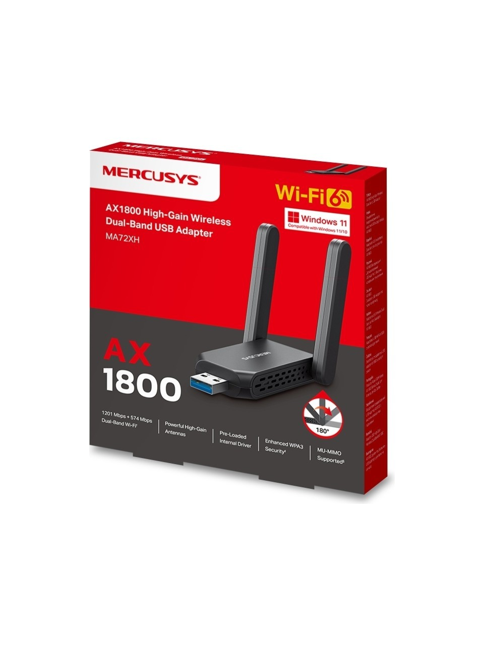 Mercusys AX1800 Çift Bant USB Adaptör, antenli, Wi-Fi 6 ve Windows 11.