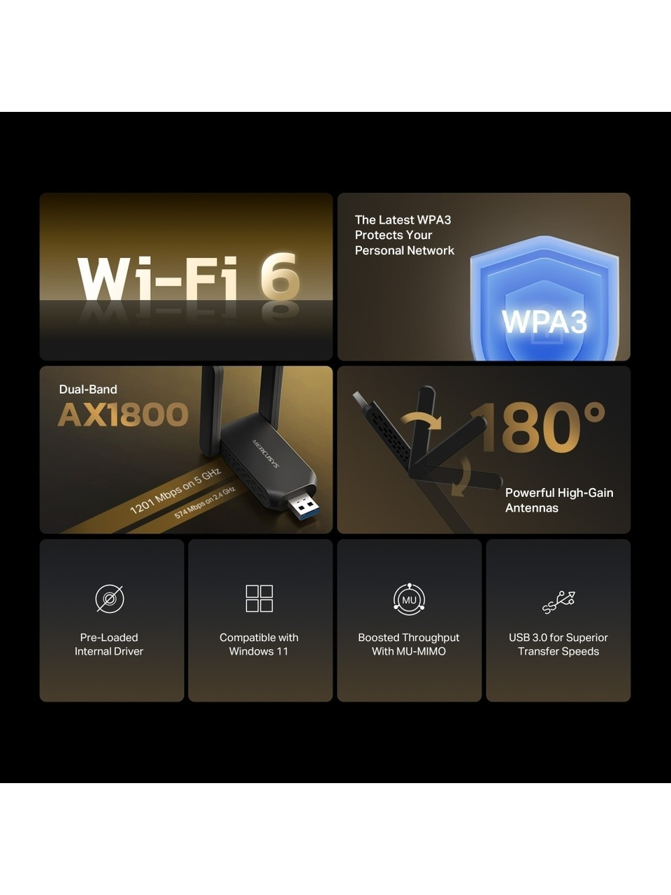 Wi-Fi 6 AX1800 Çift Bant Adaptör WPA3, 180° anten, USB 3.0 ile.
