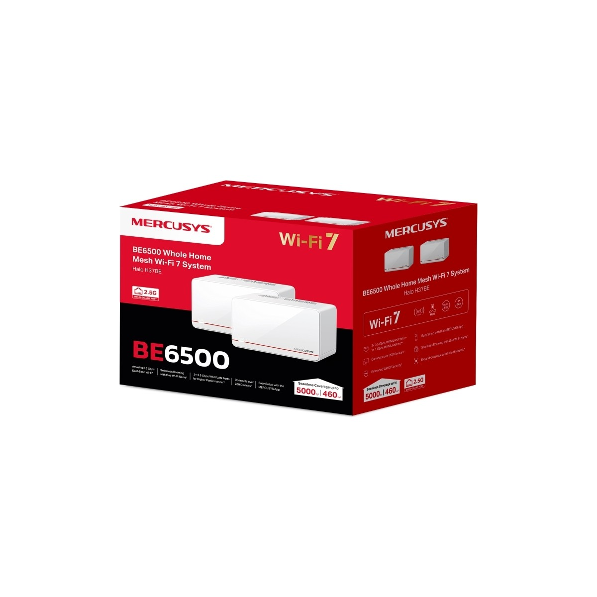Mercusys BE6500 Tüm Ev Mesh Wi-Fi 7 Sistemi, iki beyaz ünite ve 2.5G bağlantı noktası.