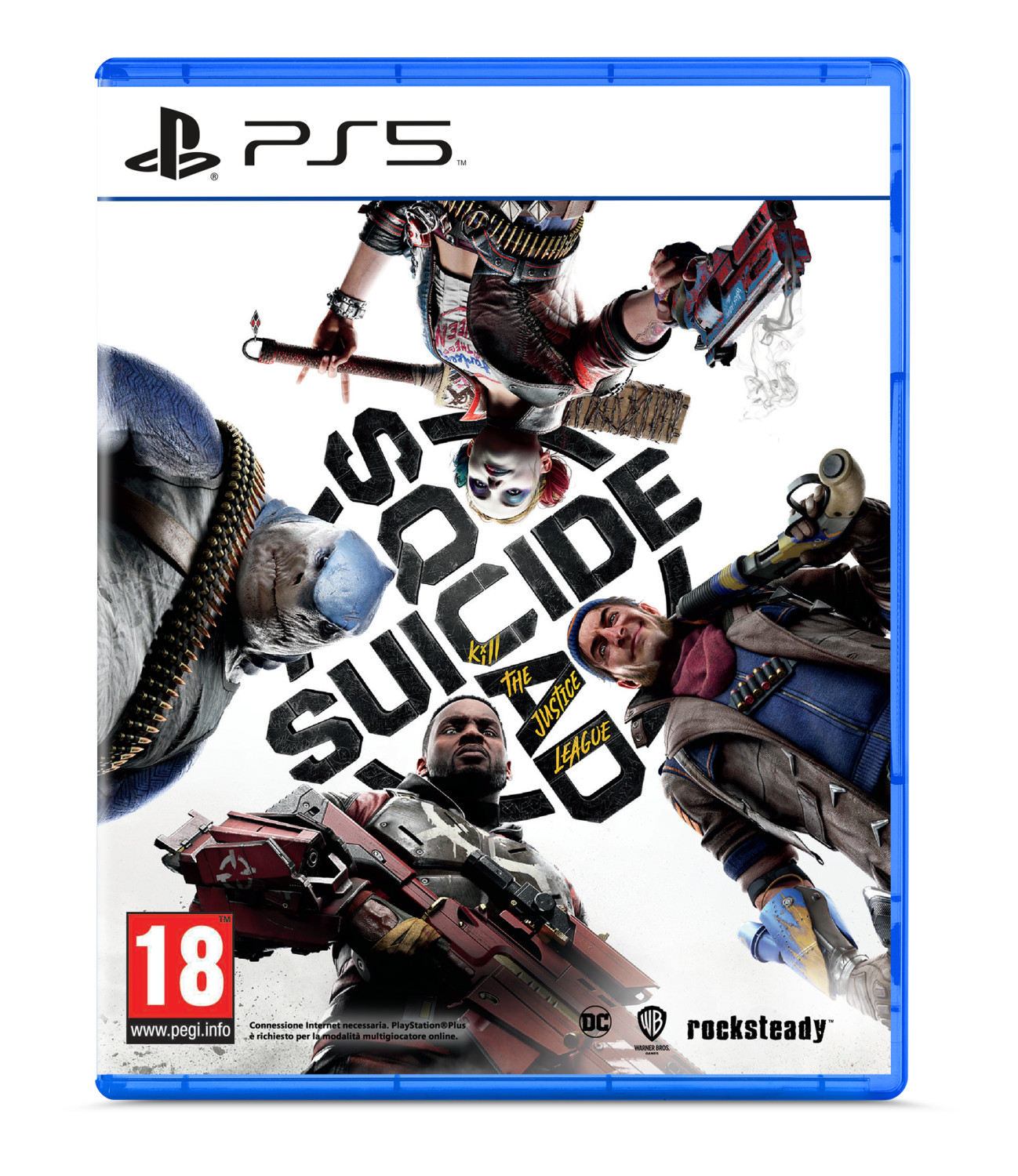 Custodia gioco PS5 con quattro membri della Suicide Squad, titolo e classificazione PEGI.