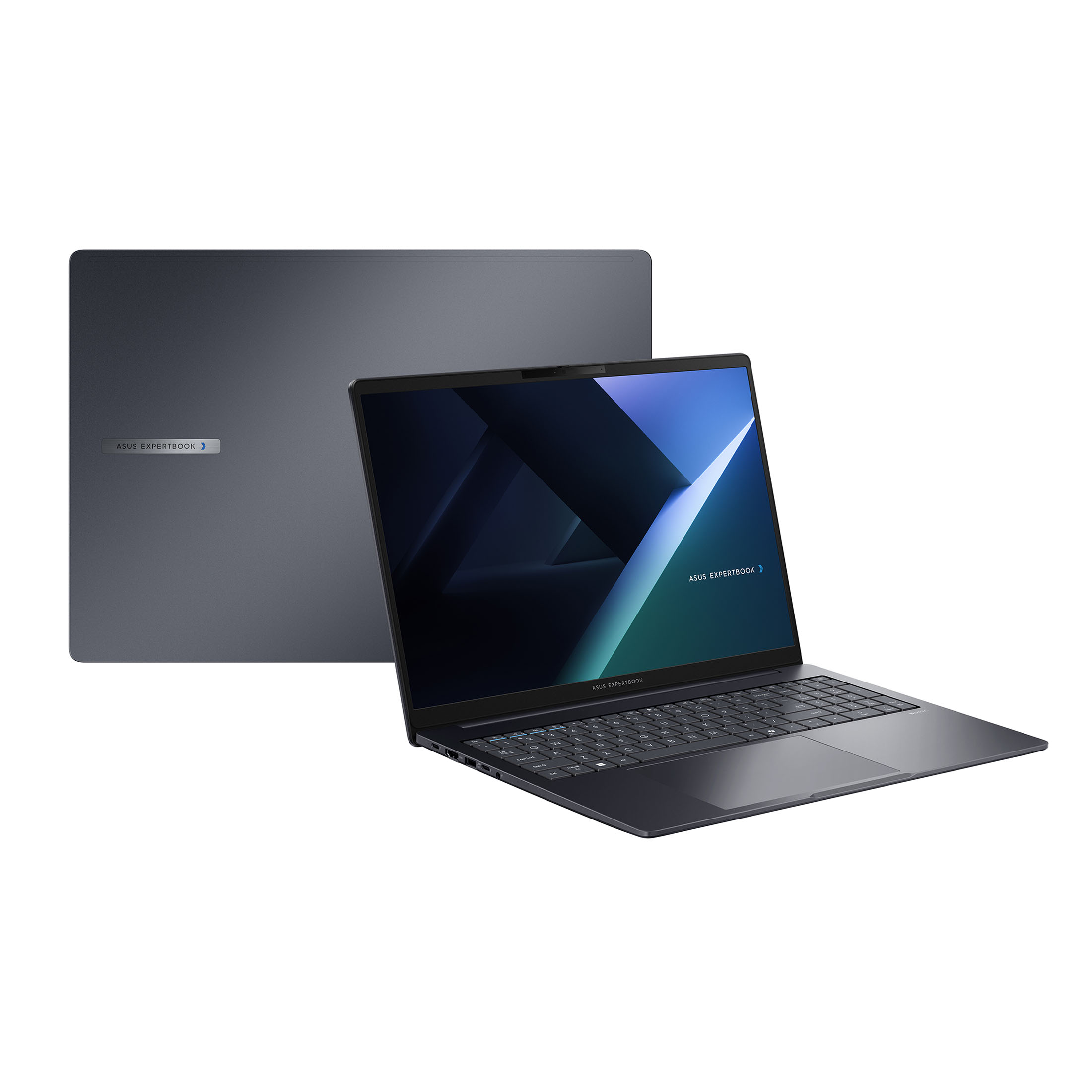 Ein graues Asus ExpertBook Laptop, geschlossen und geöffnet, auf weißem Hintergrund.
