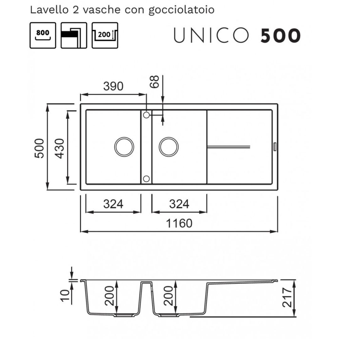 Disegno tecnico di un lavello a due vasche con gocciolatoio. Dimensioni indicate.