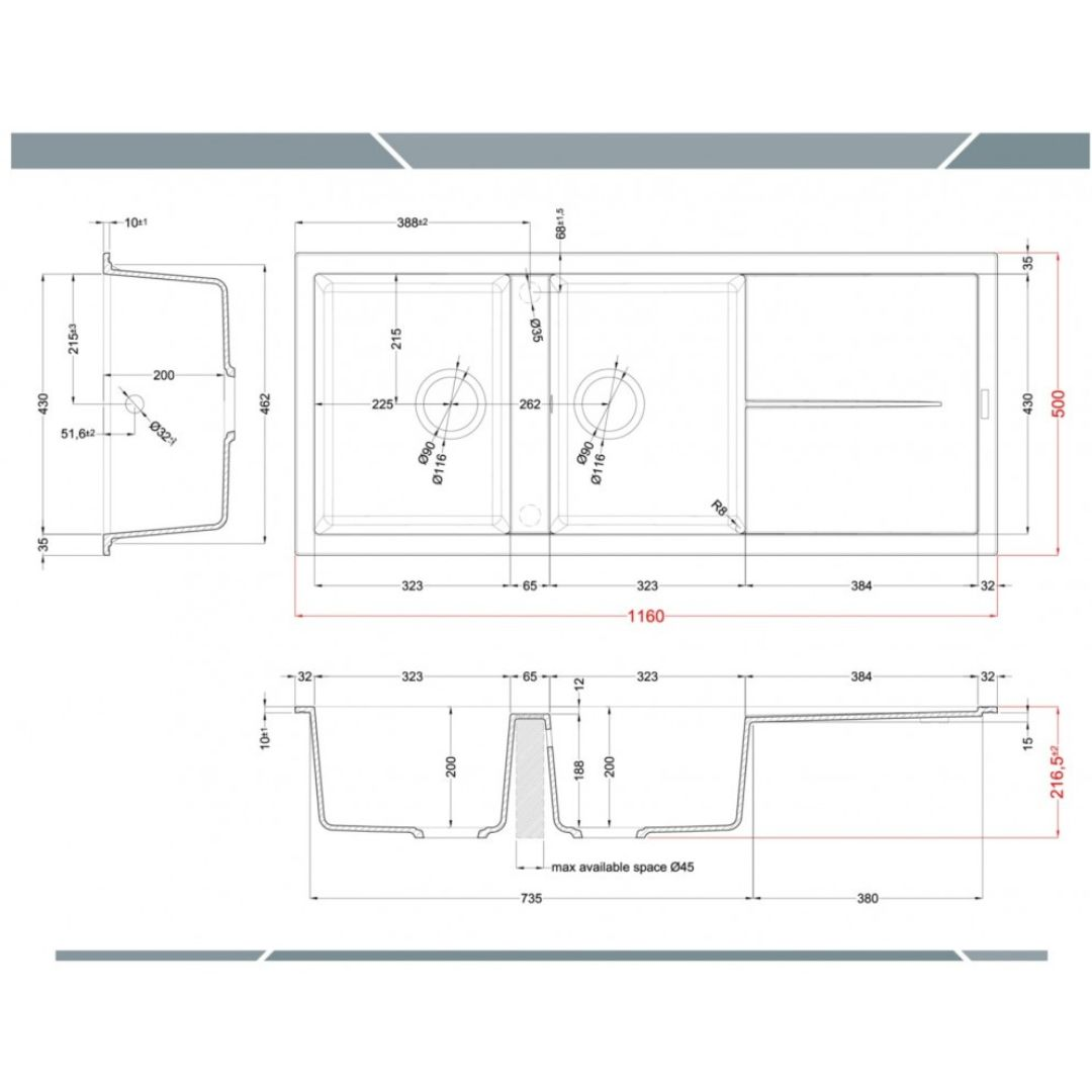 Disegno tecnico di un lavello doppio con dimensioni, misure e ritagli.