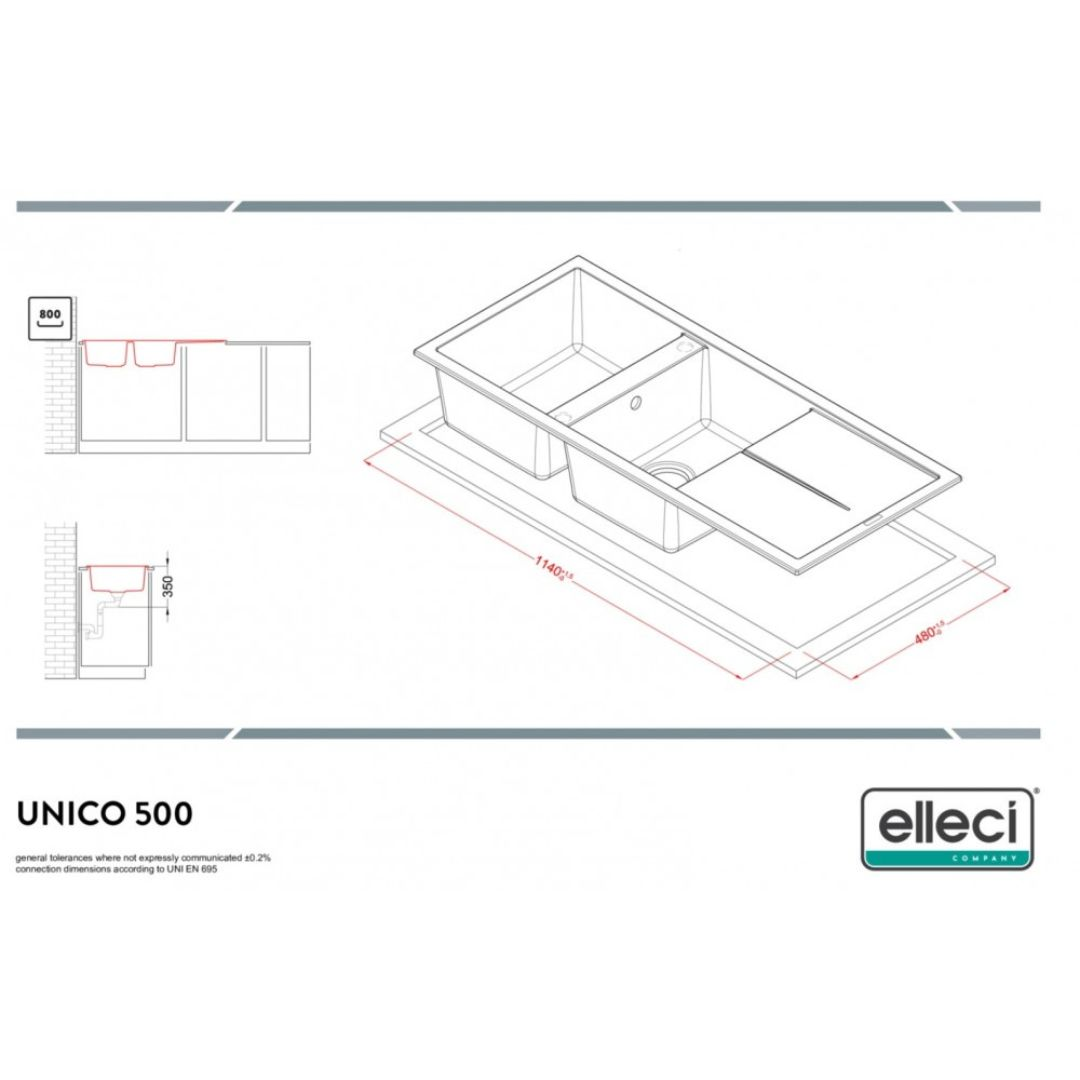 Disegno tecnico di un lavello a due vasche con dimensioni. Include viste frontale e laterale.