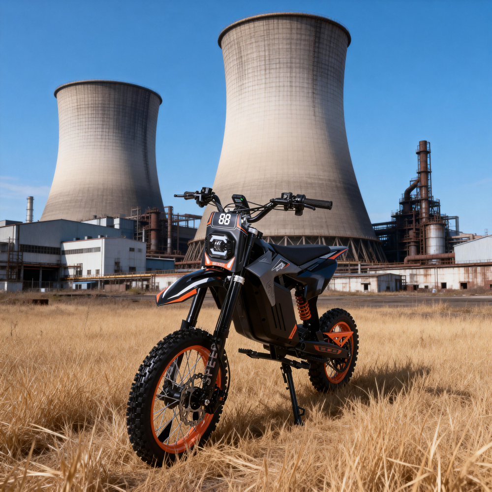 Una moto de cross negra con detalles naranjas está en hierba seca ante torres de refrigeración.