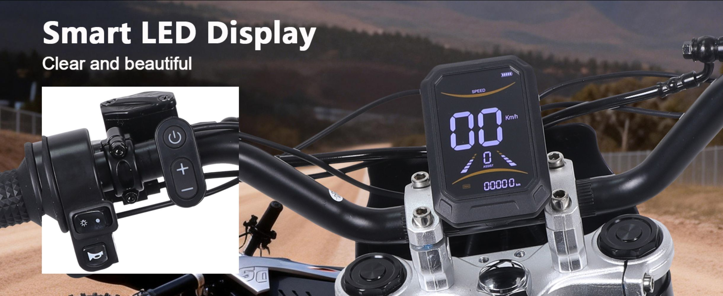 Un manillar con pantalla digital que muestra velocidad y kilometraje.