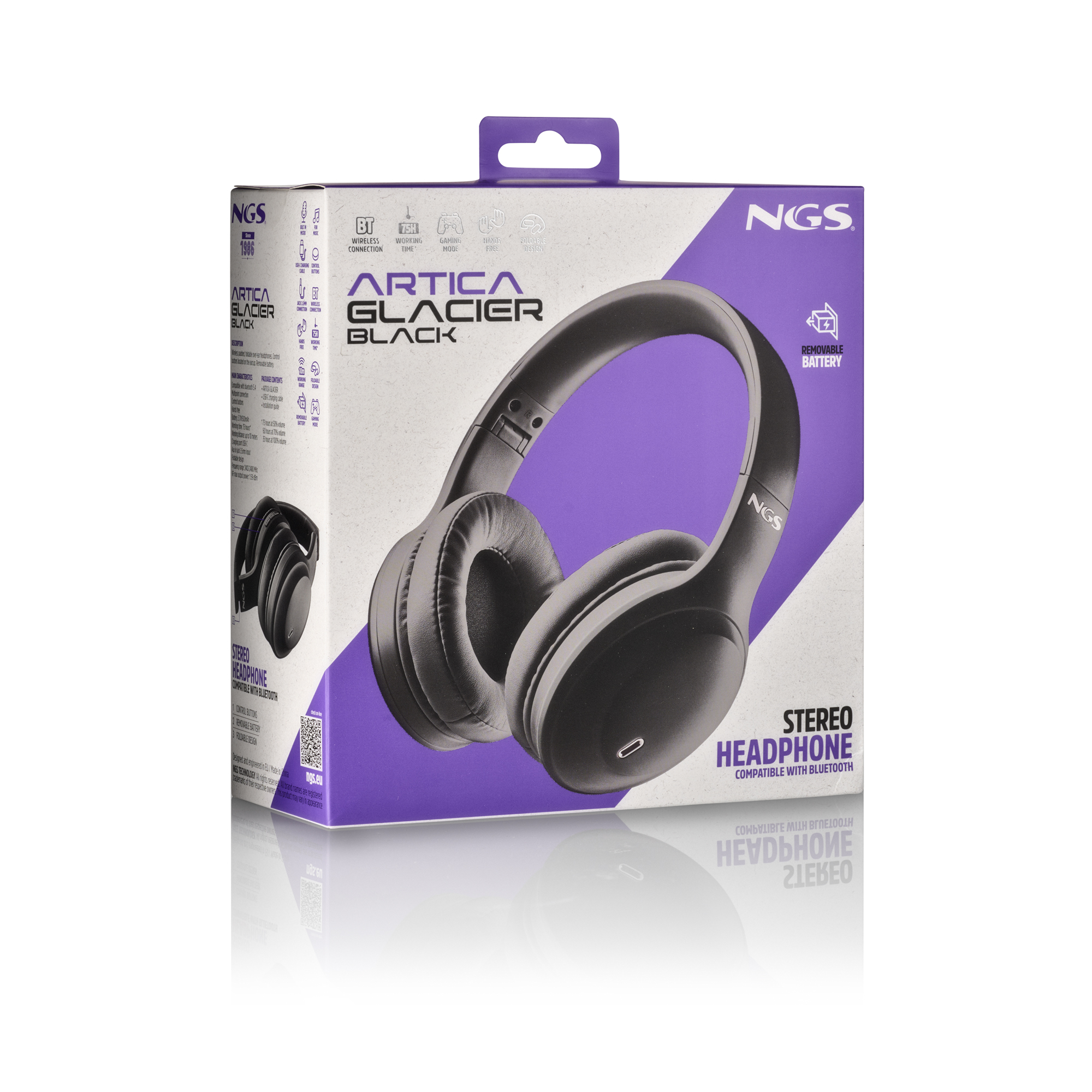 Cuffie stereo NGS Artica Glacier nere con Bluetooth sulla confezione.