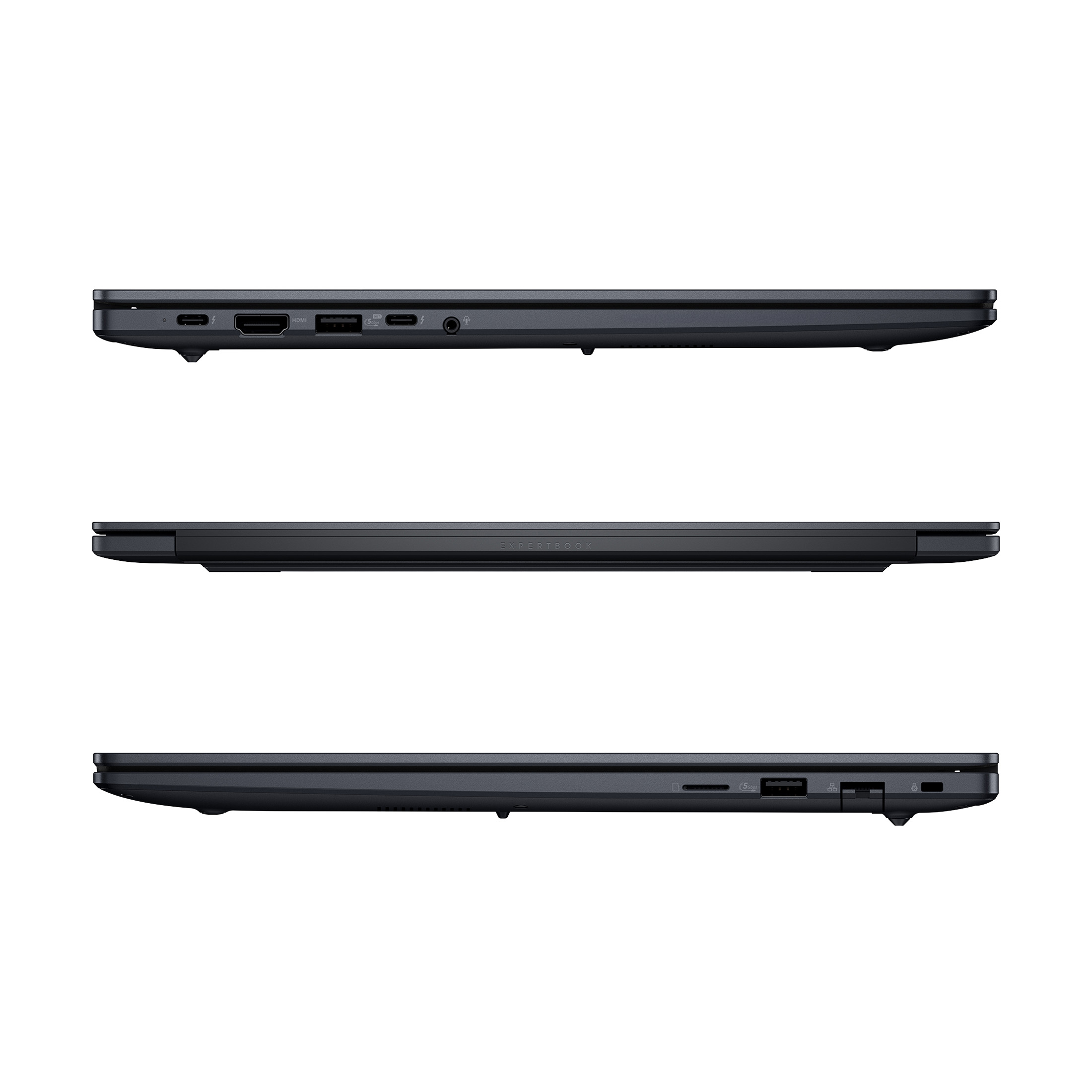 Drei Ansichten eines geschlossenen, dunklen Laptops mit Anschlüssen an den Seiten.
