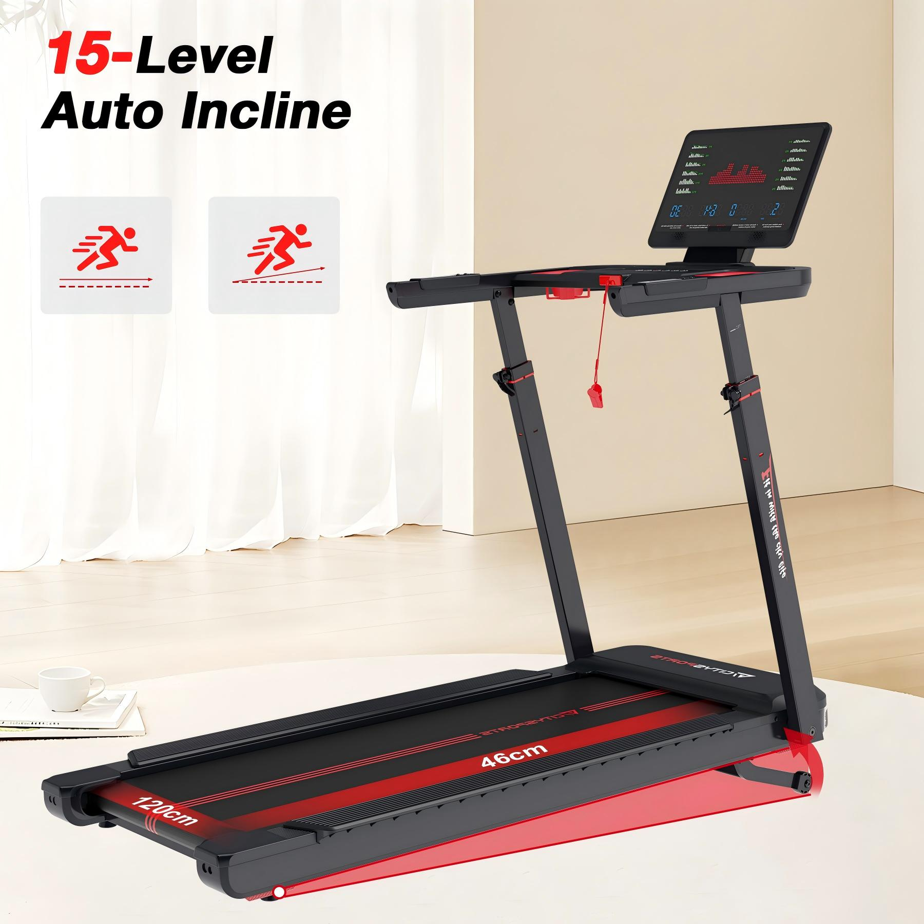 Black treadmill with red accents and a digital display. Features 15-level auto incline.