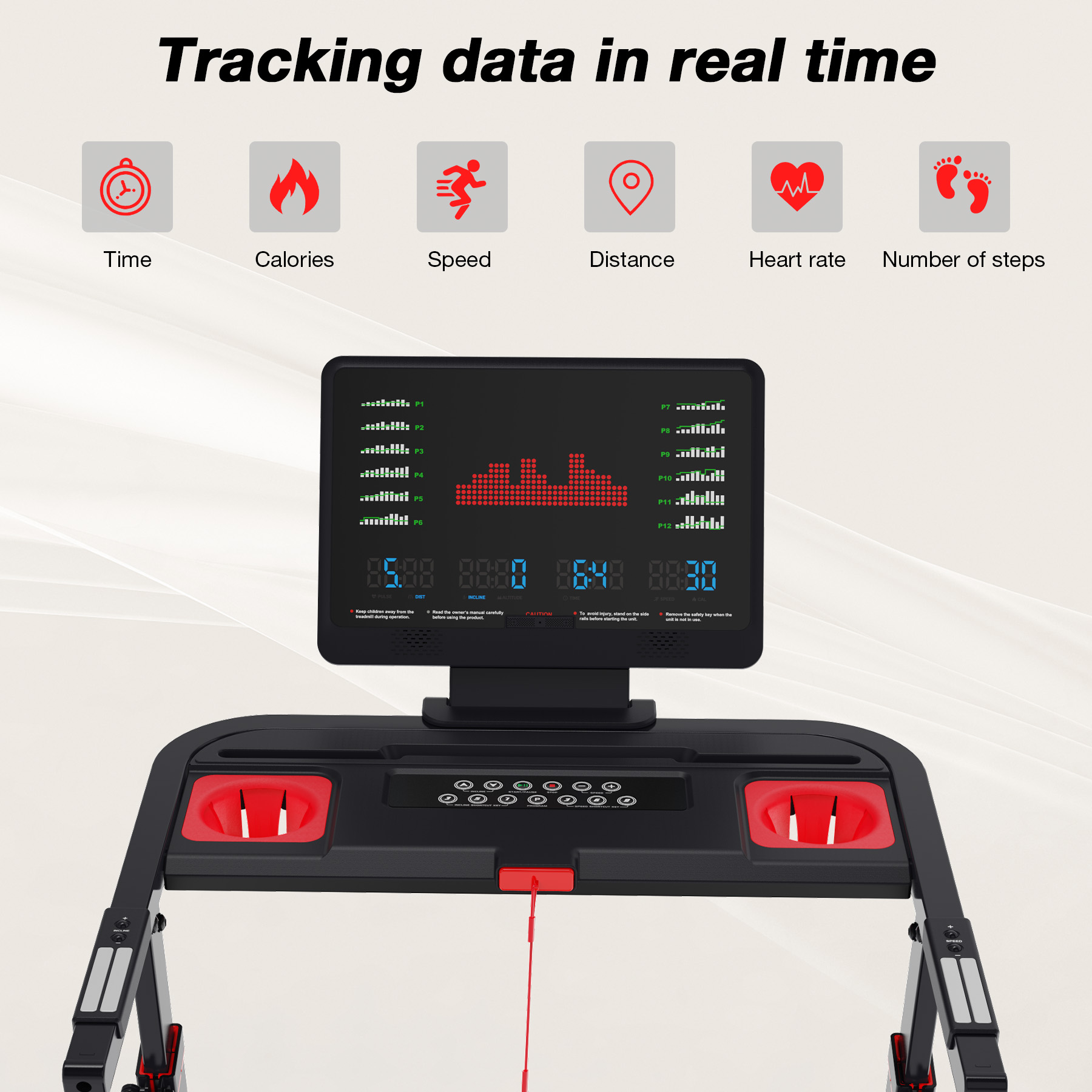 Treadmill display showing real-time tracking data: time, calories, speed, heart rate.