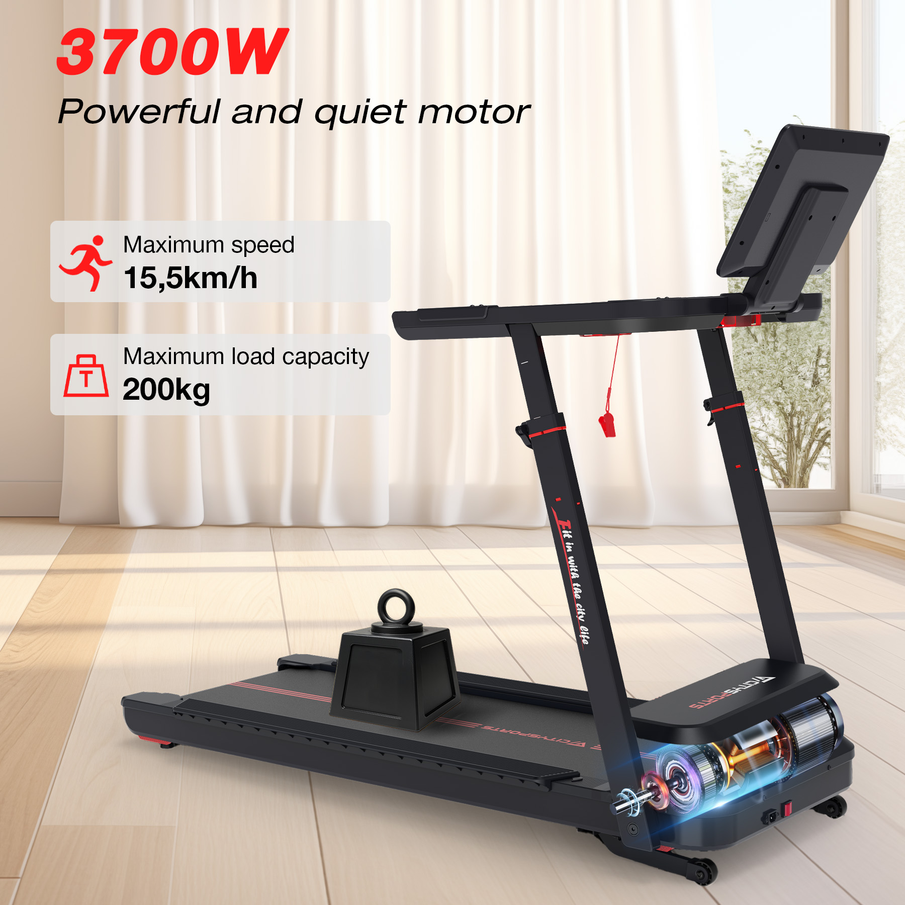 Black treadmill with red accents, 3700W, 15.5km/h, 200kg capacity.