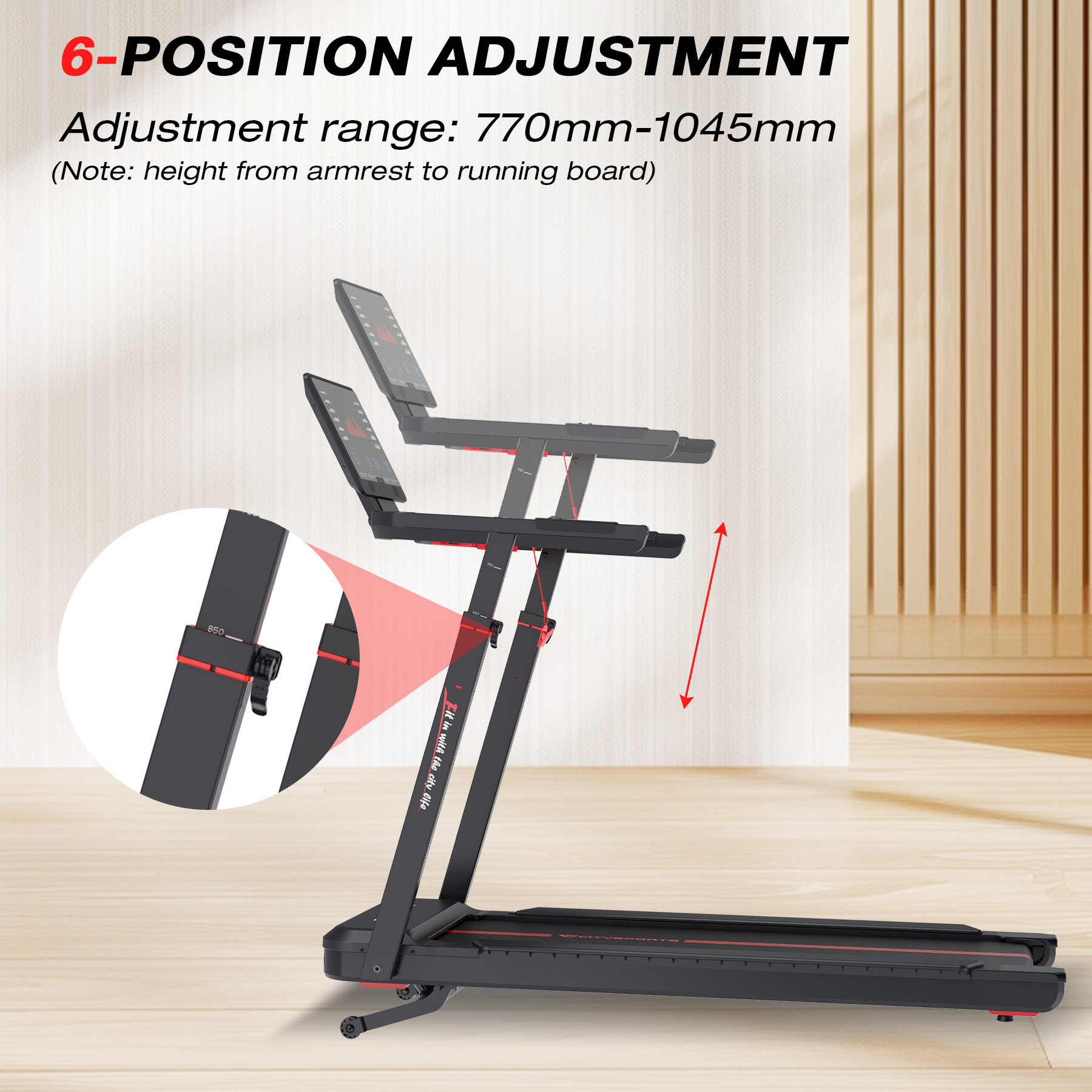 Black treadmill with red accents, 6-position adjustment.