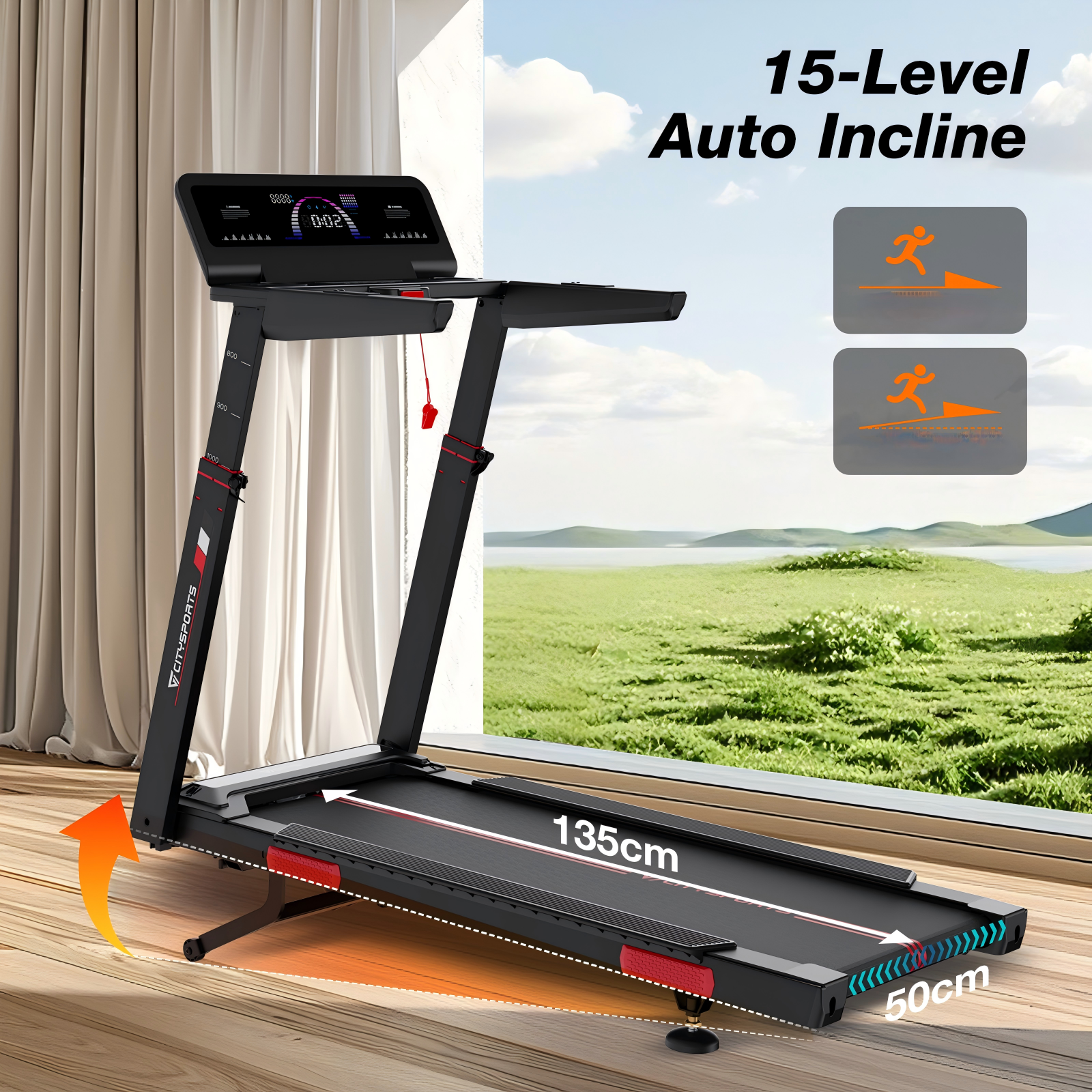 A black treadmill with 15-level auto incline is shown indoors, with a scenic view of green hills and water outside.