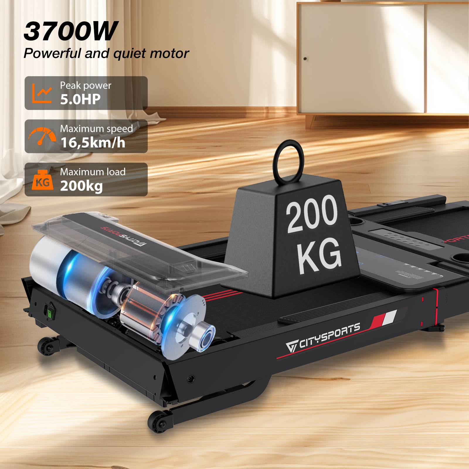 A treadmill with a 200kg weight and visible motor. Specifications are displayed.