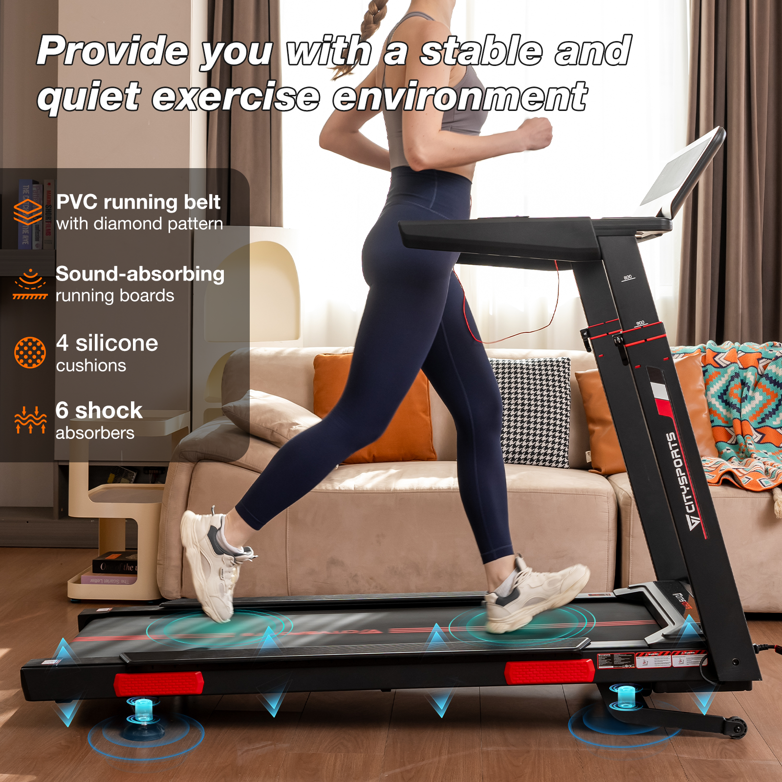 Woman running on a treadmill indoors. Features include diamond pattern belt, shock absorbers.
