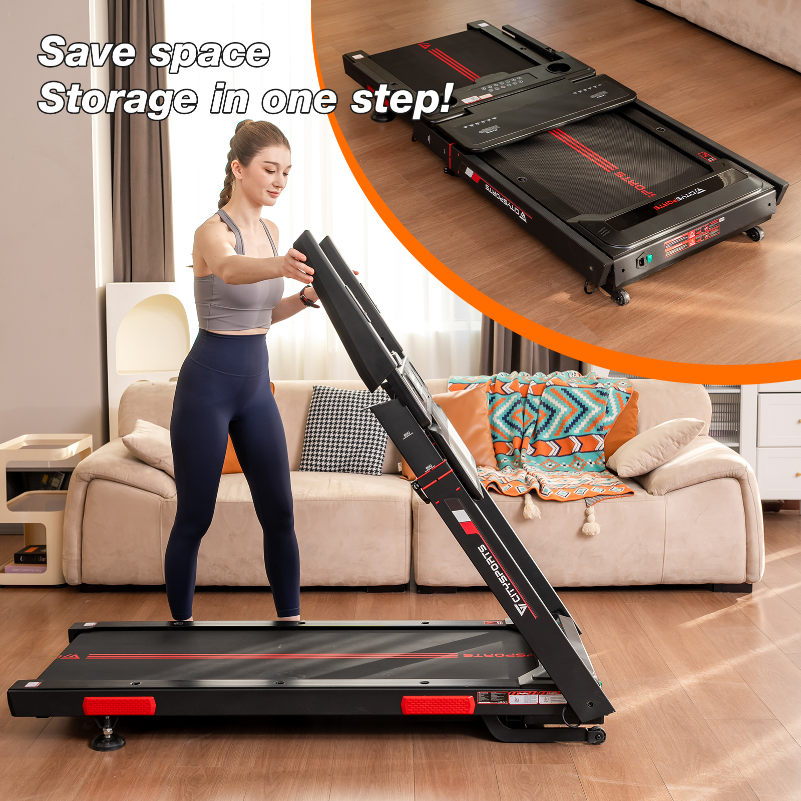 A woman adjusts a foldable treadmill in a living room.