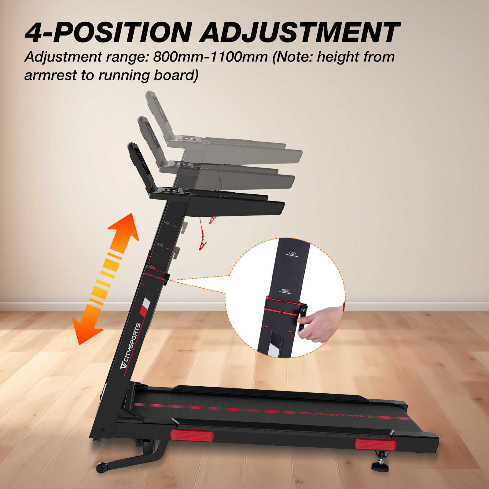 Black treadmill with 4-position adjustment, height range 800-1100mm.