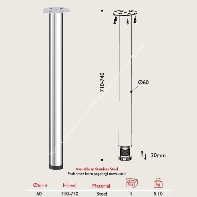 İki paslanmaz çelik mobilya ayağı gösterilmektedir. Boyutlar: 710-740mm yükseklik, 60mm çap.