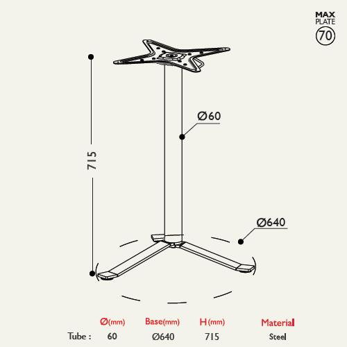Çelik masa tablası çizimi, 715mm yüksek, 60mm tüp ve 640mm taban.