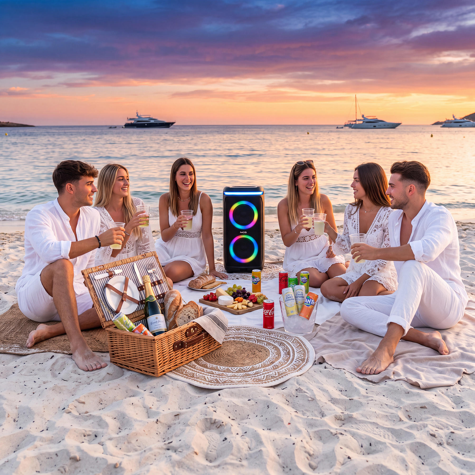 Sei amici fanno un picnic in spiaggia al tramonto con musica e bevande.