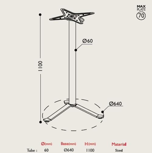 Çelik masa tabanı teknik çizimi, 1100 mm yükseklik, 60 mm boru ve 640 mm taban.