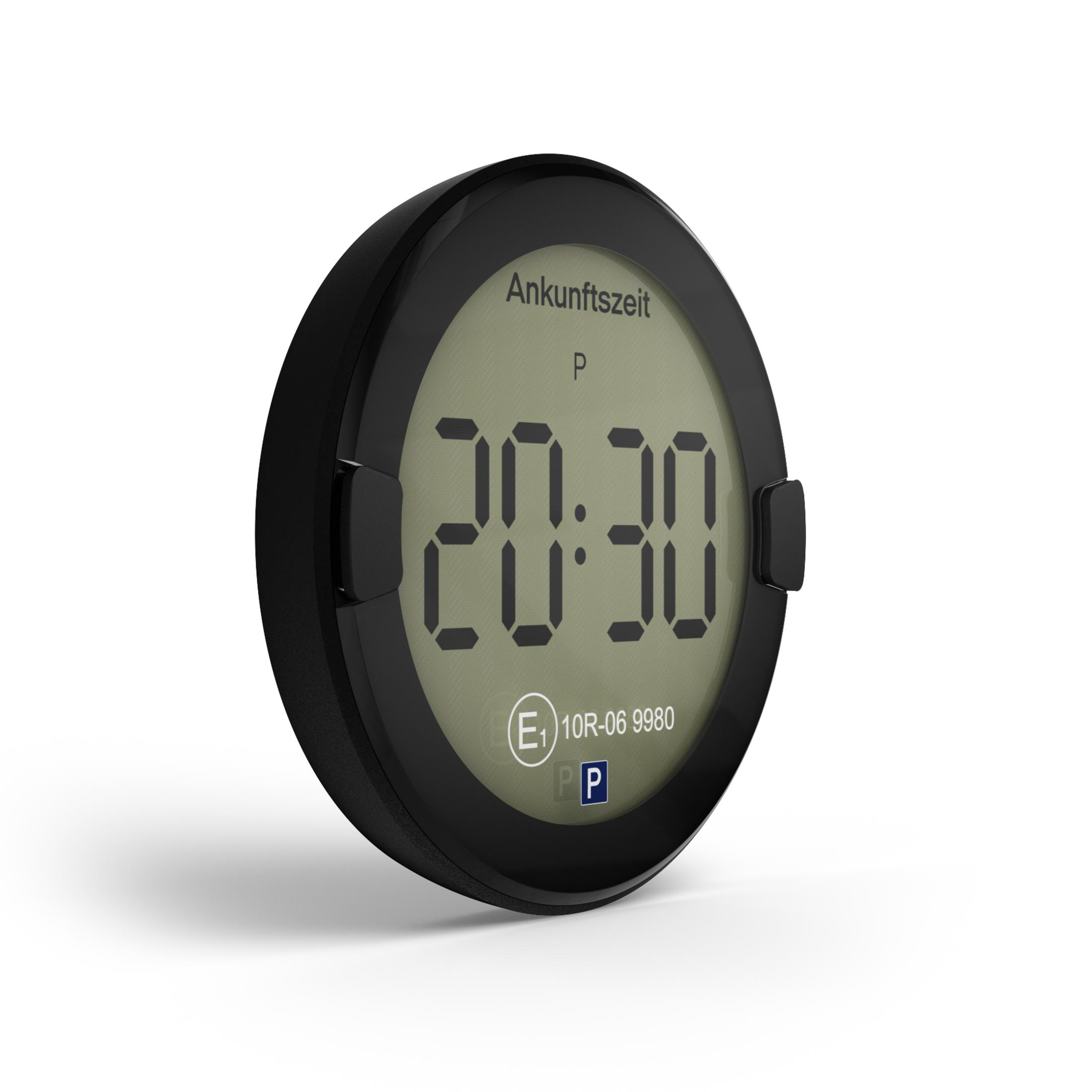 Ein schwarzer Parktimer zeigt 20:30 an. Beschriftung 'Ankunftszeit'.