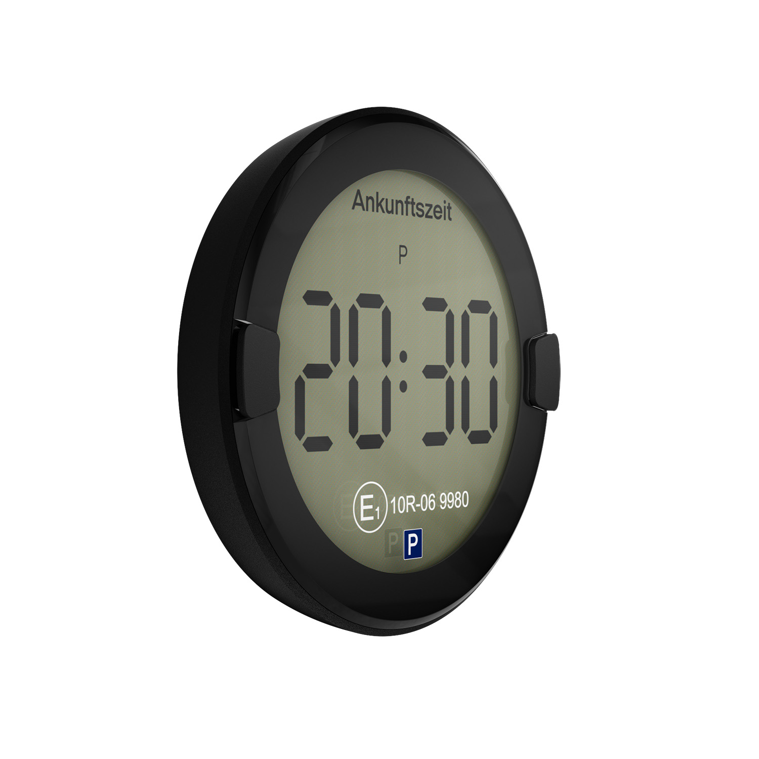 Ein runder schwarzer Parktimer zeigt 20:30 an.
