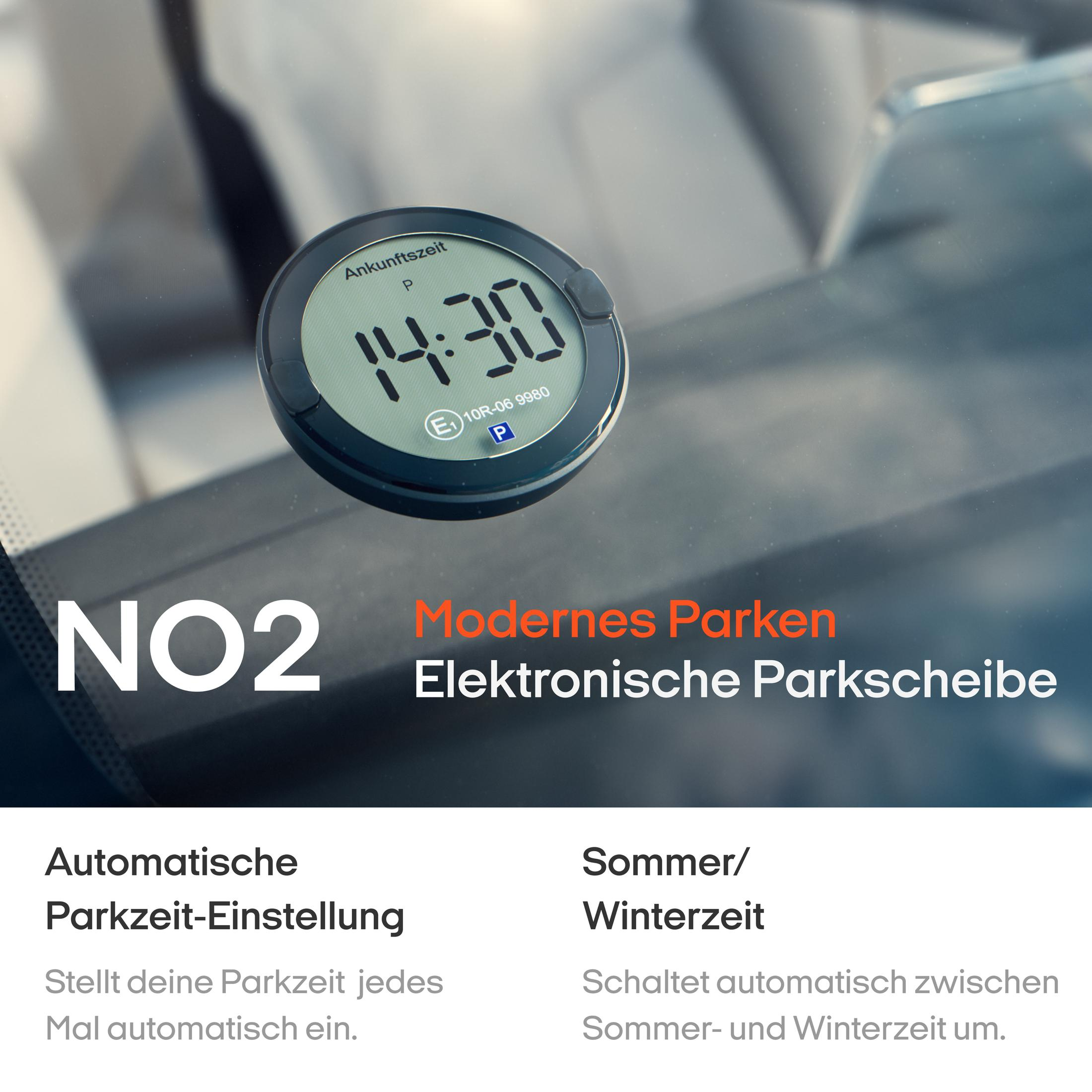 Digitale Parkscheibe zeigt 14:30 an. Text: Modernes Parken, Elektronische Parkscheibe.