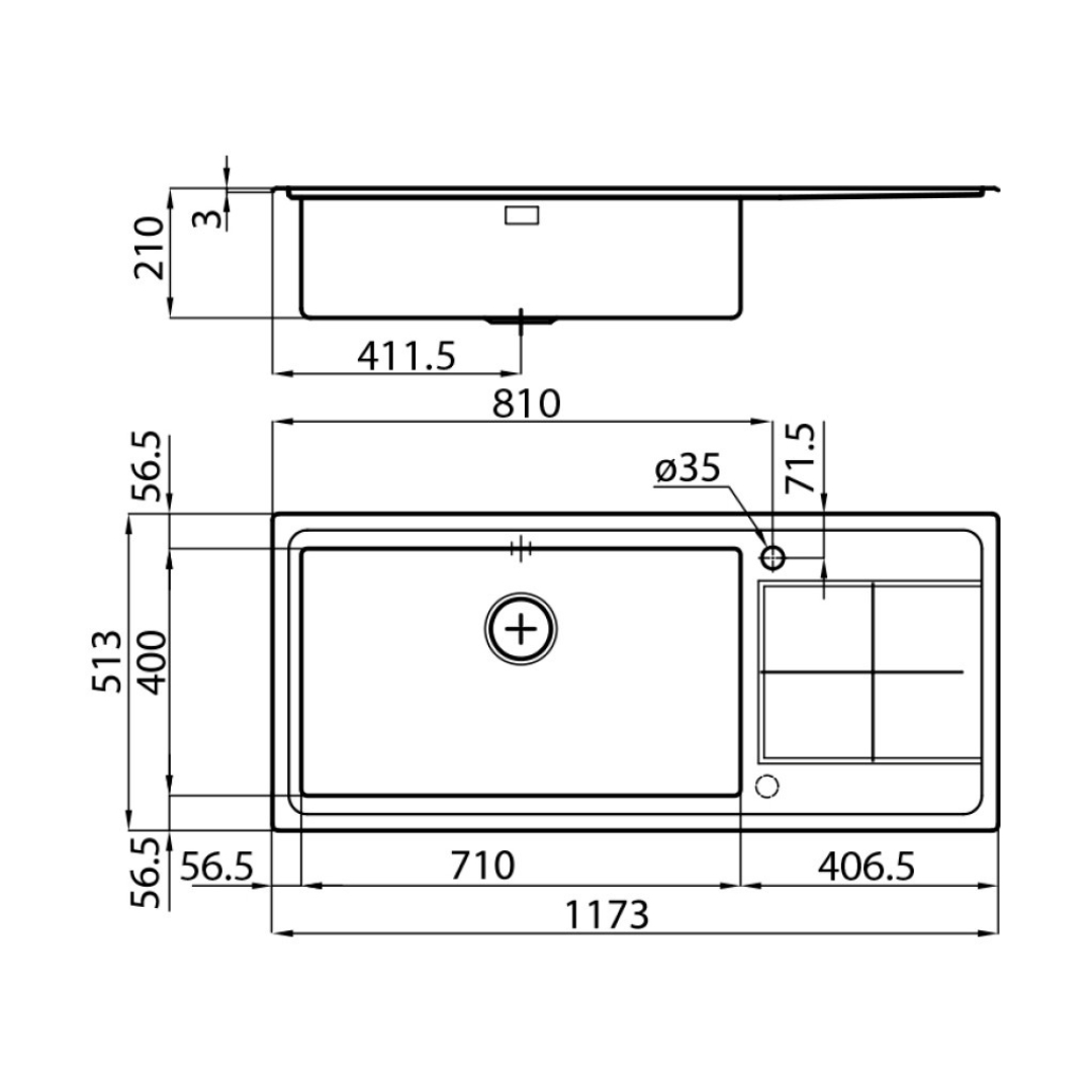Disegno tecnico di un lavello con dimensioni e dettagli.