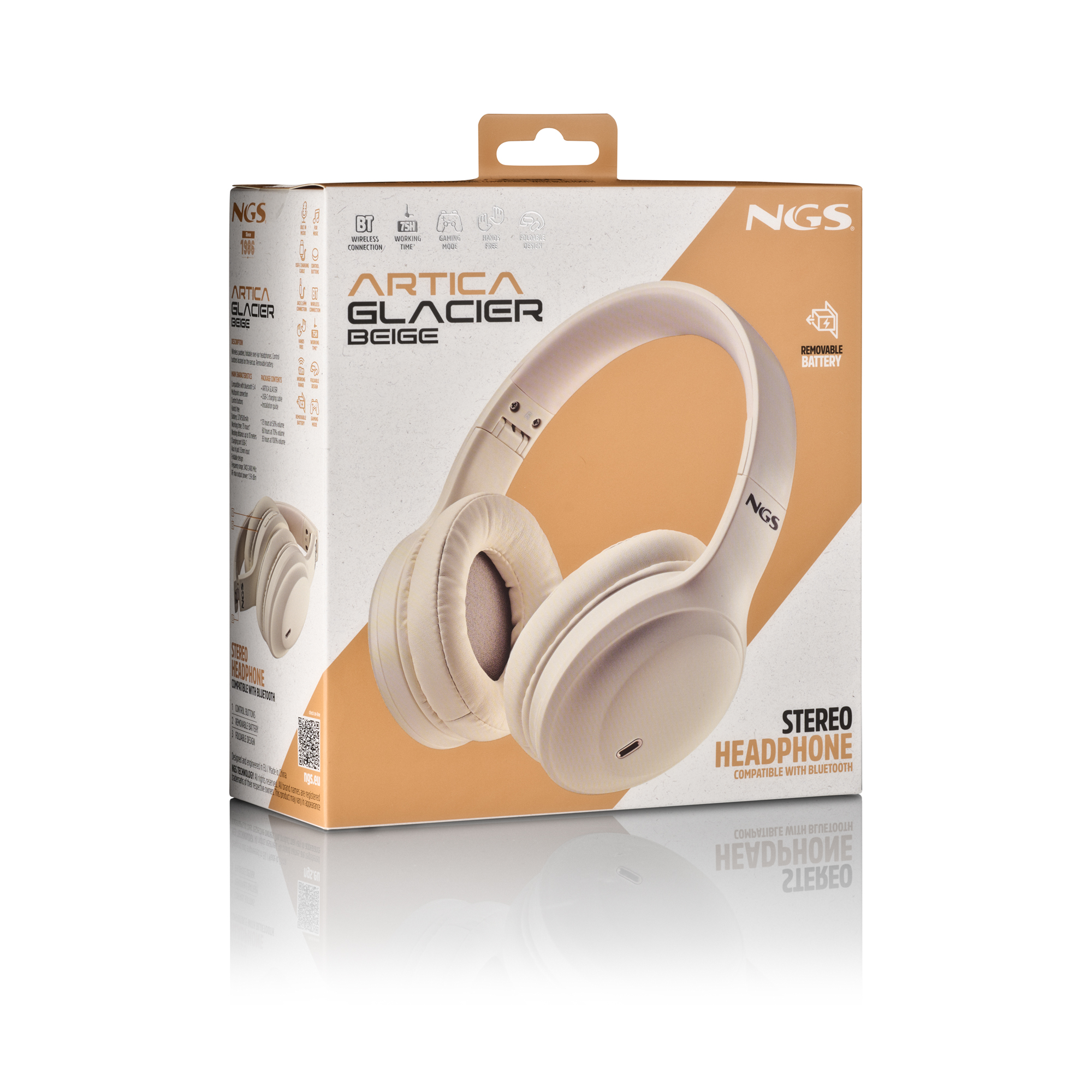 Confezione di cuffie NGS Artica Glacier beige con immagine di cuffie.