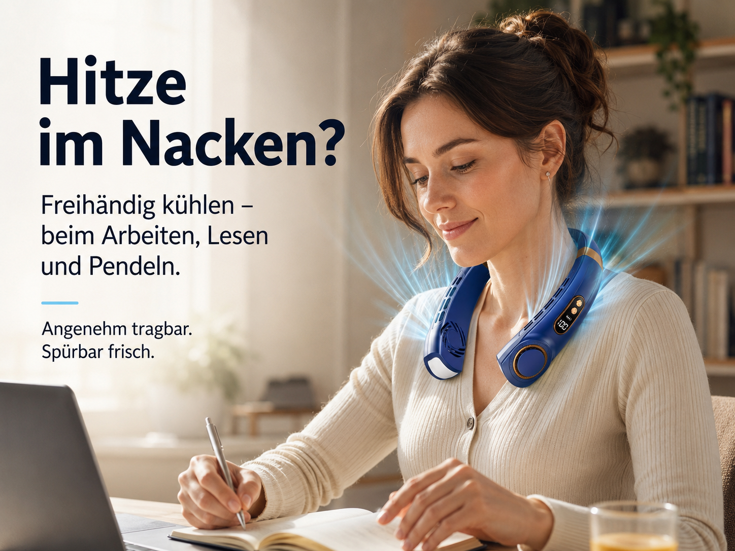 Eine Frau trägt einen blauen Nackenfächer am Schreibtisch. Deutscher Text.
