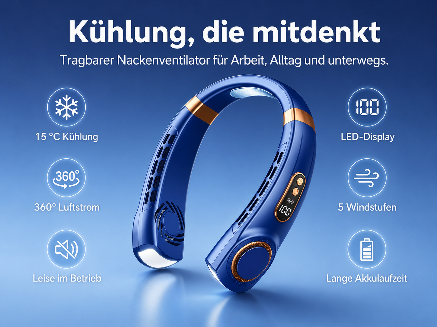 Ein blauer Nackenventilator mit goldenen Akzenten und verschiedenen Funktionen.