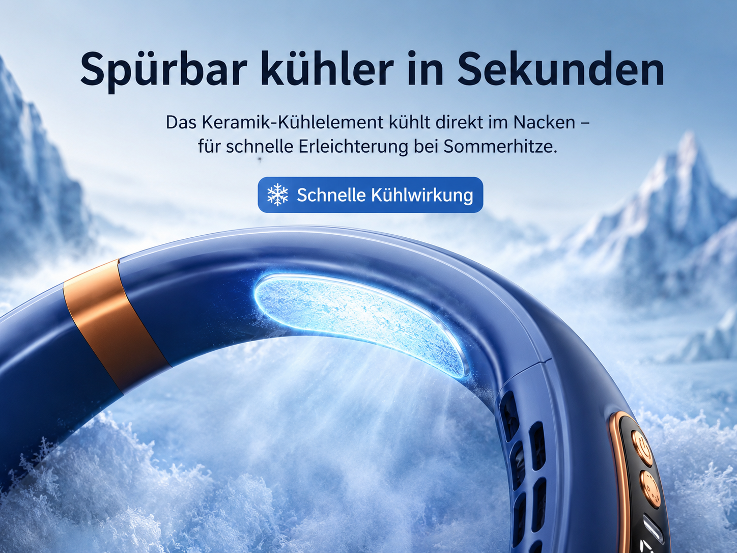 Ein blaues Nackenkühler-Gerät mit Eis und Bergen im Hintergrund.
