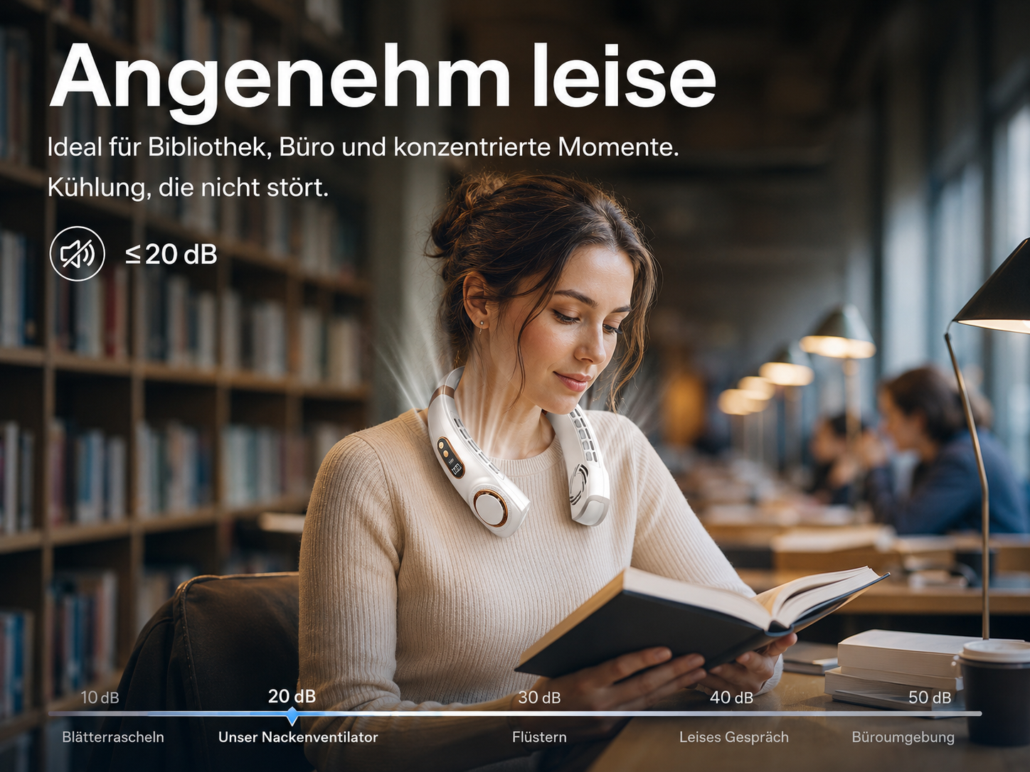 Frau liest Buch, trägt Nackenventilator, leise Kühlung.