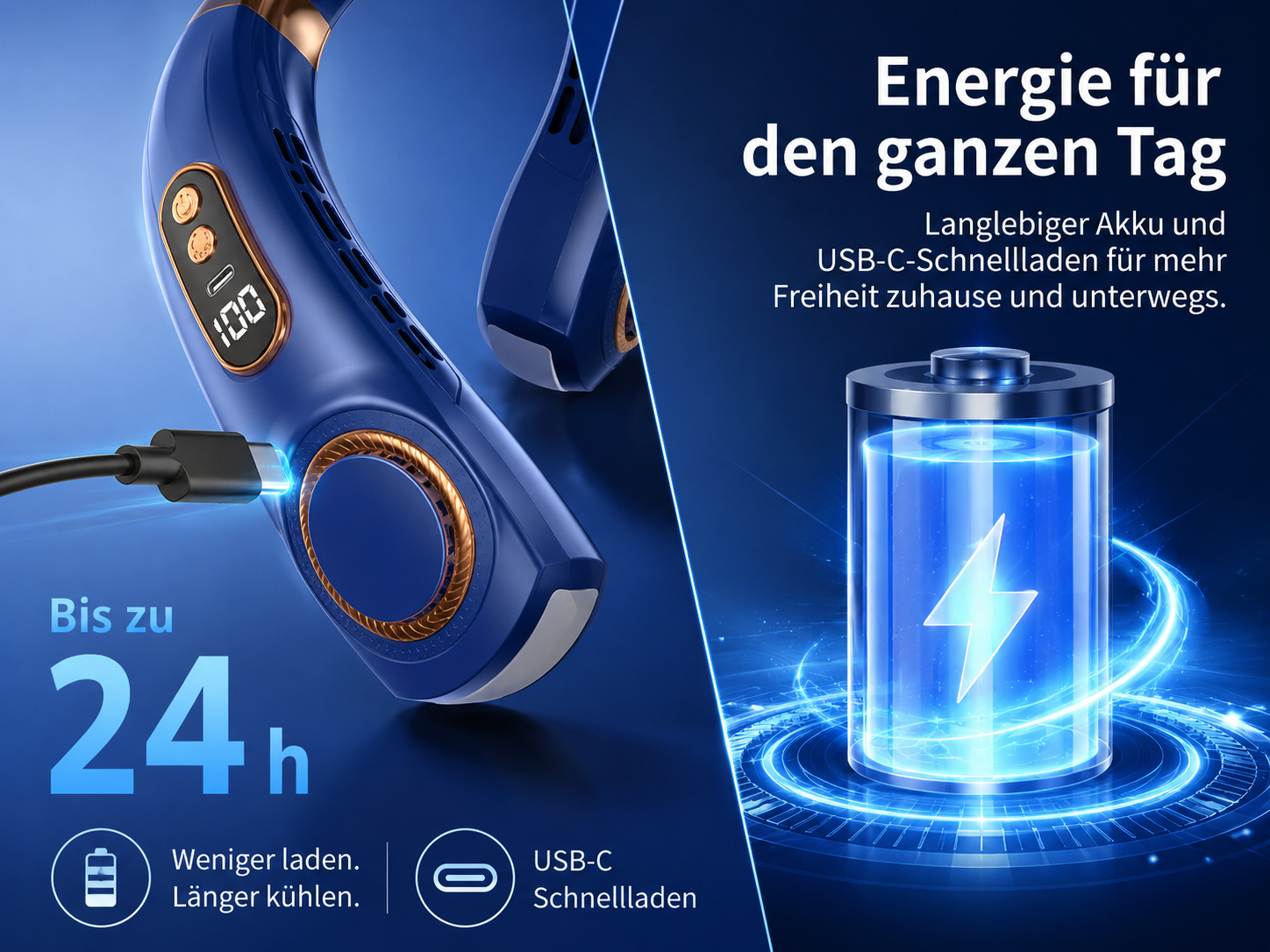 Blauer Nackenventilator mit USB-C-Ladeanschluss und Akkusymbol. Bis zu 24h.