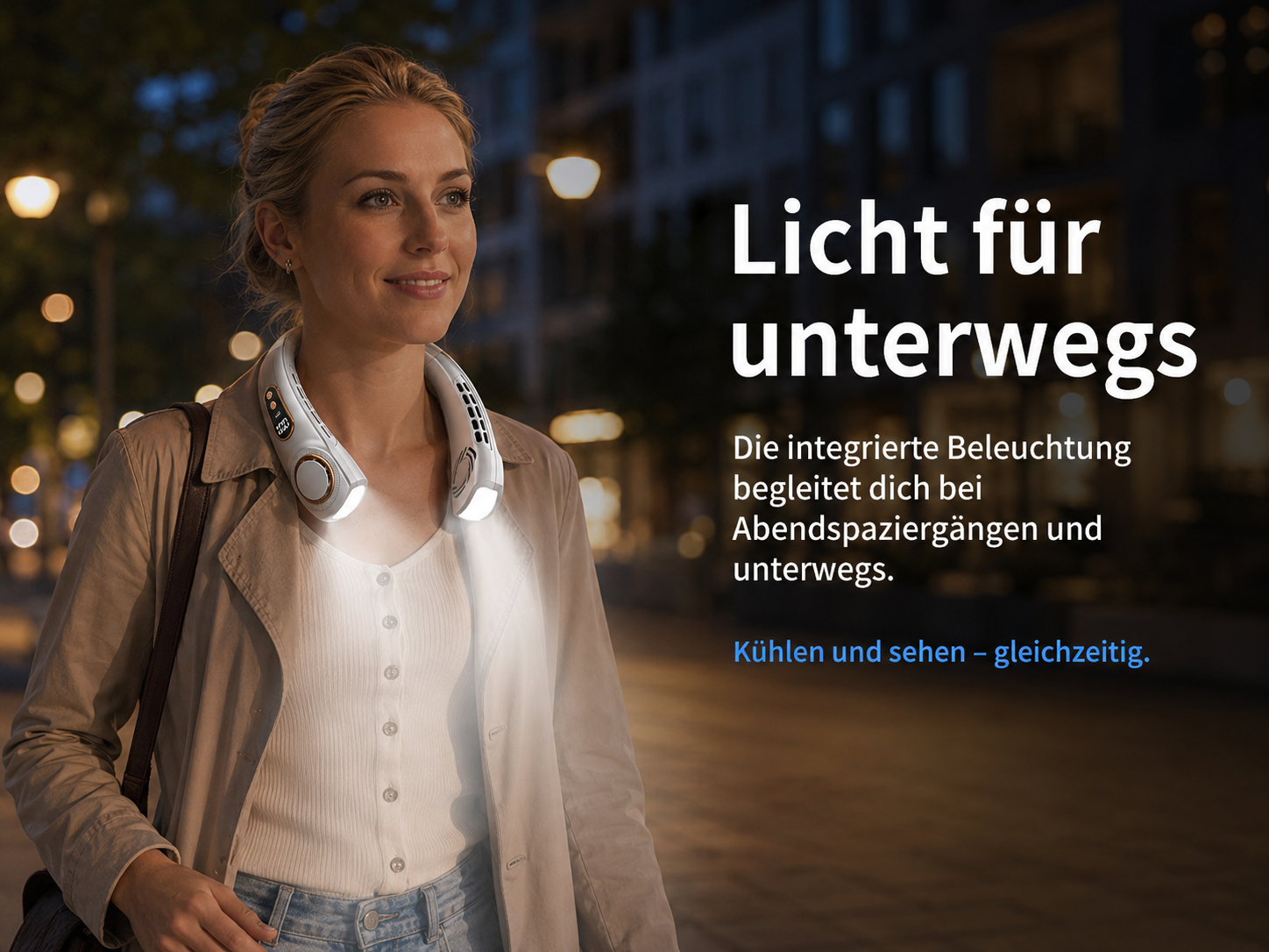 Frau mit Halsventilator mit Licht bei Nacht. Beleuchtet den Weg.