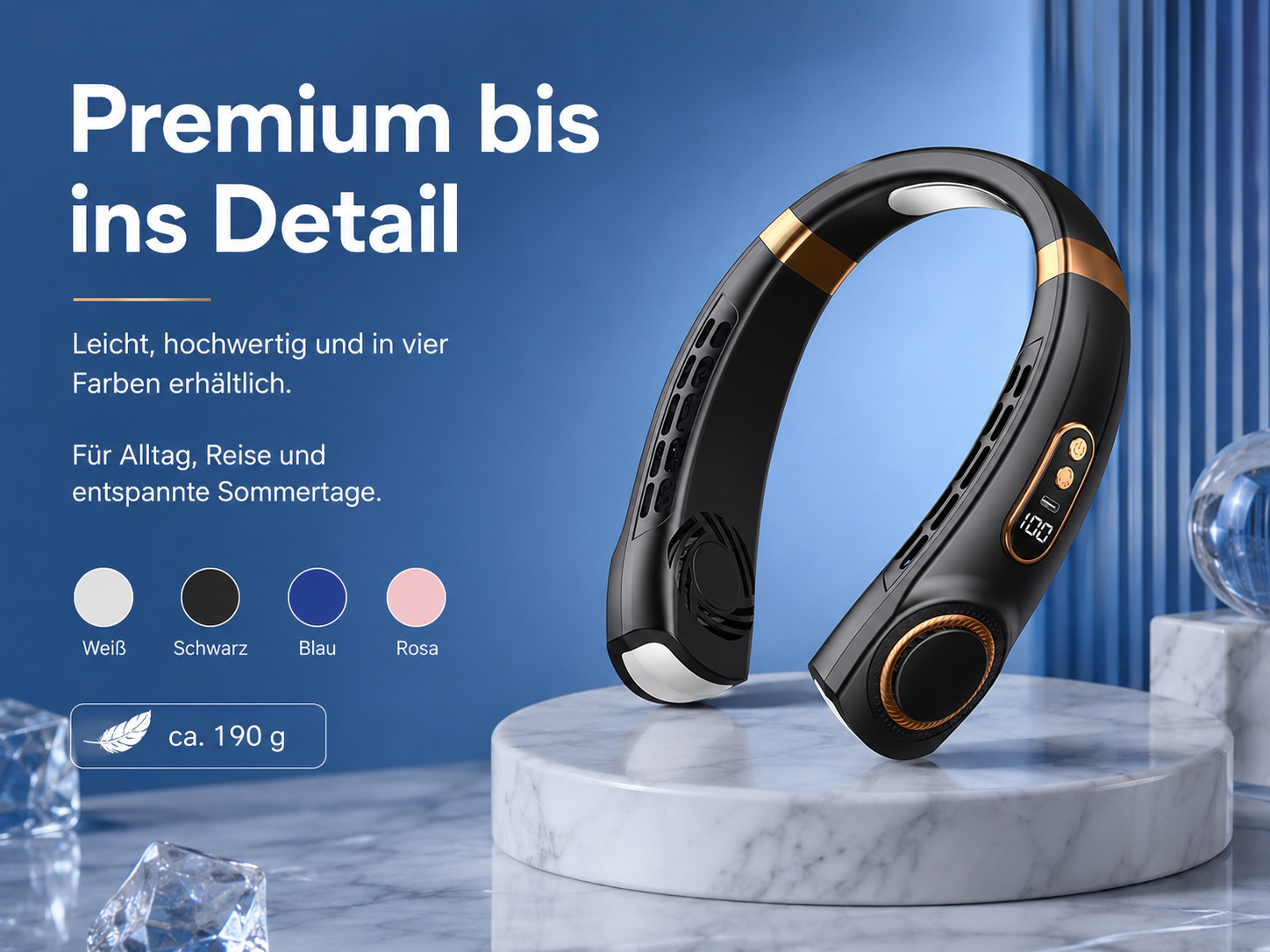 Ein schwarzer Nackenfächer mit goldenen Akzenten und digitaler Anzeige auf Marmorsockel.