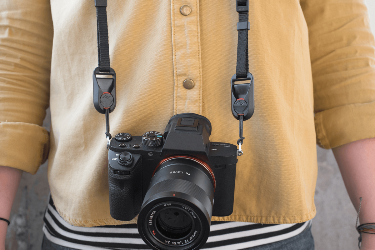 Una persona indossa una camicia gialla e una fotocamera con tracolla nera al collo.