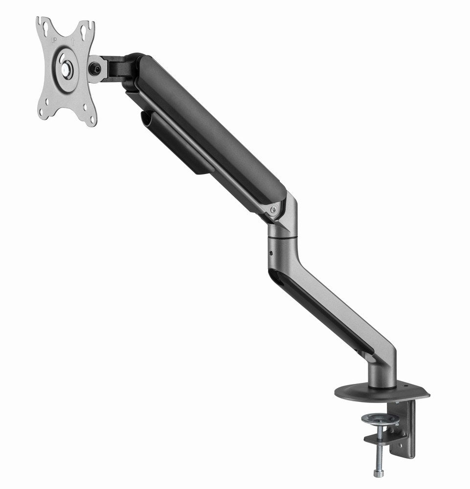 A gray monitor arm with a clamp and VESA mount on a white background.
