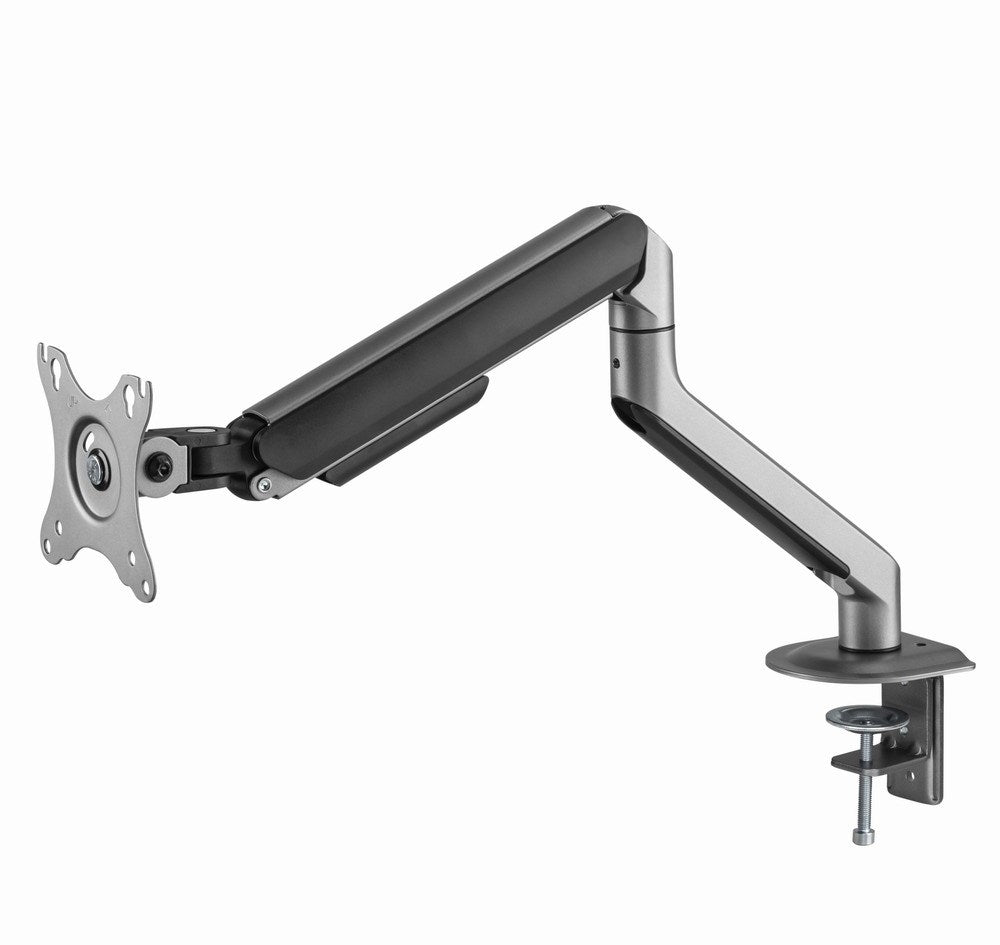 A silver monitor arm with a clamp base and VESA mount on a white background.